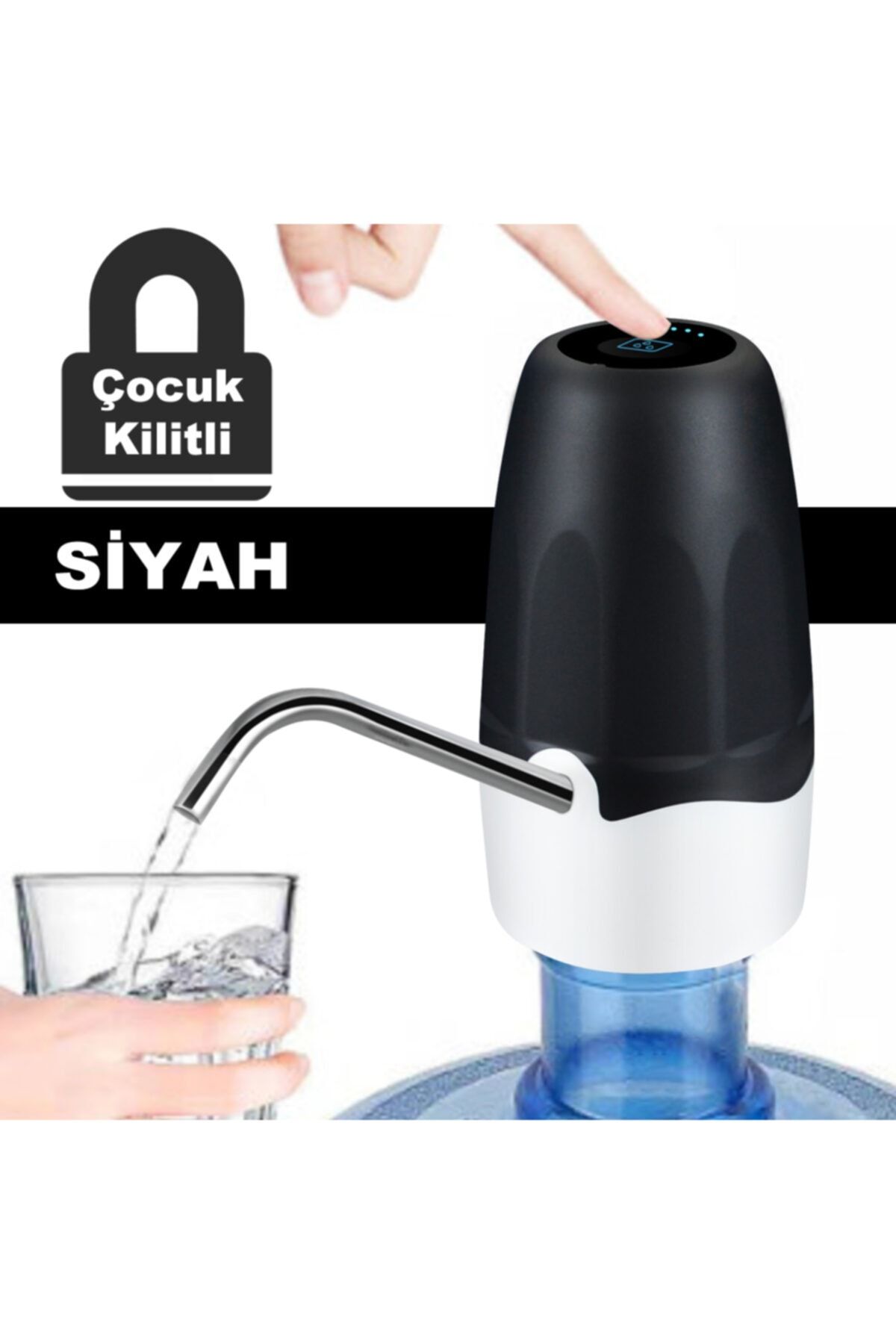 TunaShop Çocuk Kilitli Yeni Model Otomatik Şarjlı Damacana Su Pompası Siyah Renk