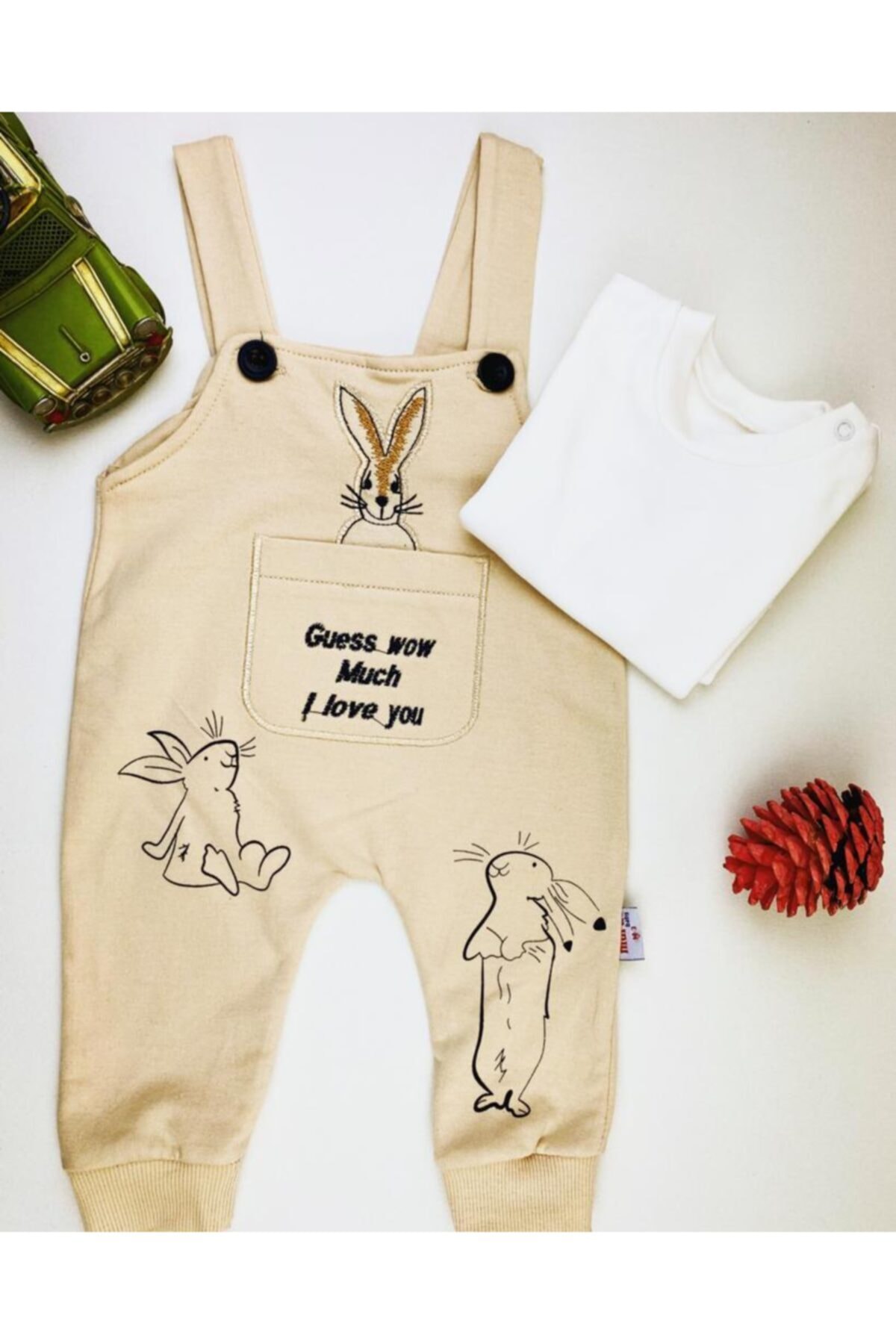 babynis Guess Wow Desenli Tavşan Nakışlı Içi Badili Salopet Takım
