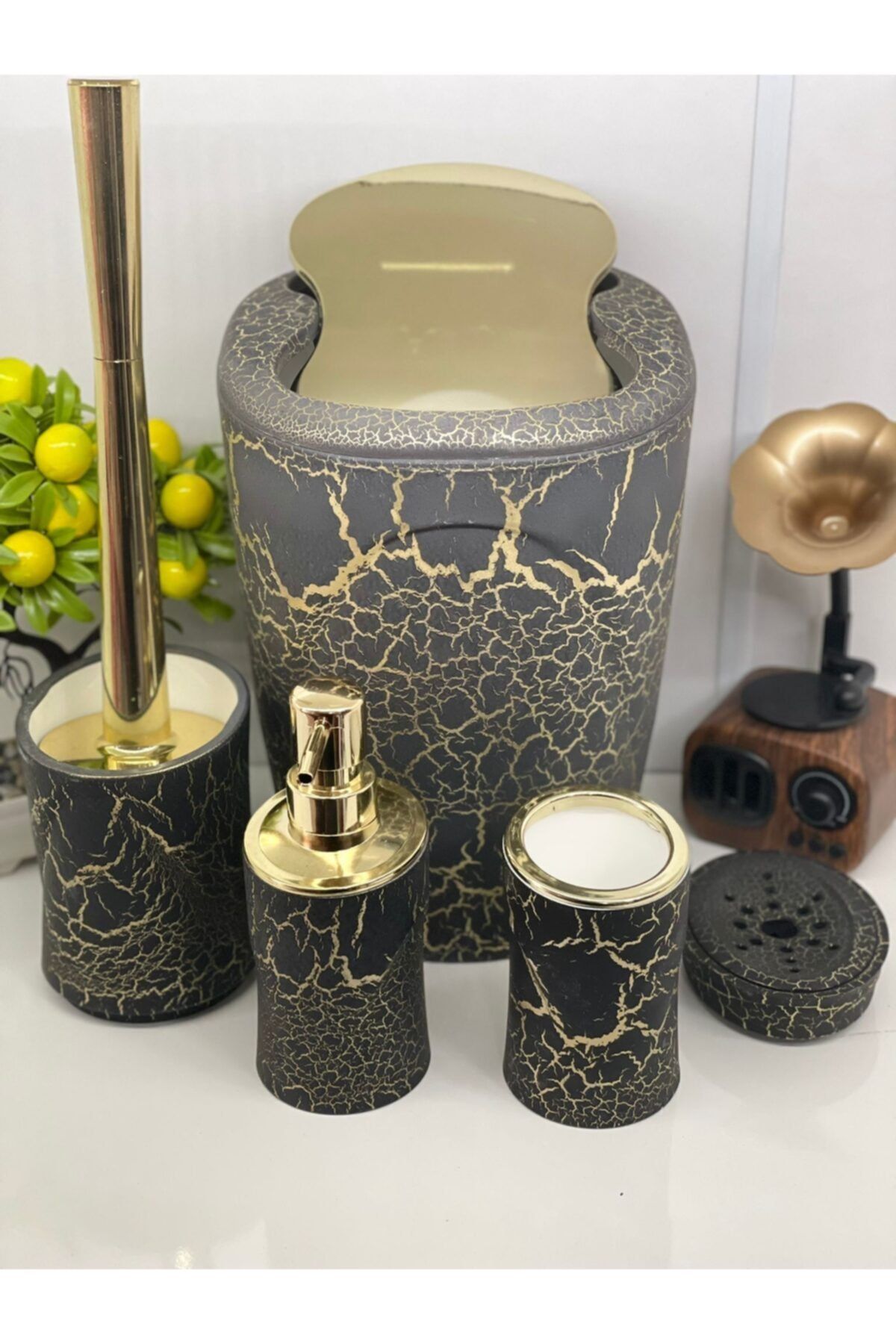 BAKIRKÖY PAZARI Akrilik Mermer Desen 5 Prç Banyo Seti Siyah-gold