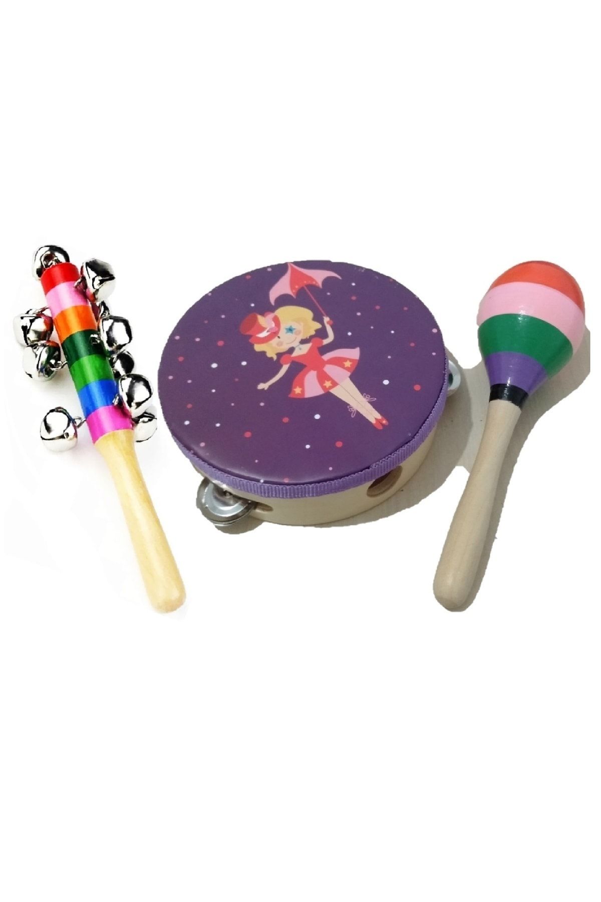AyasEğiticiOyuncak 3' Lü Bebek Müzik Ritim Seti- Ahşap Tef - Marakas Ve Zilli Çıngırak Seti