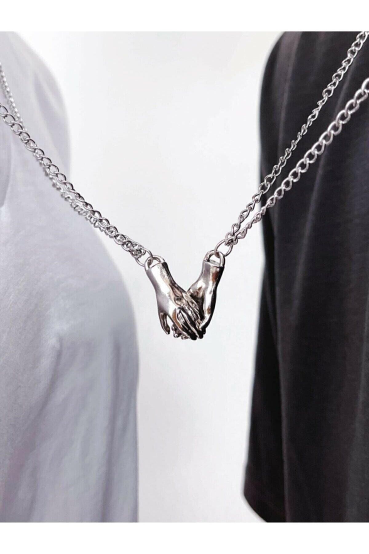 AlpCollection Gri Ikili Mıknatıslı Çift El Sevgili Metal Zincirli Kolye Takı