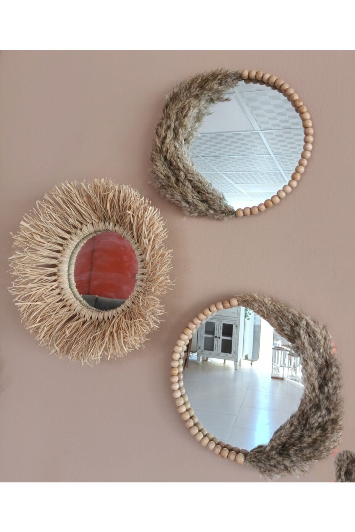 moon wood Bohem Rafya Ve Ahşap Boncuk Pampas Otlu 3 Lü Ayna Takimi