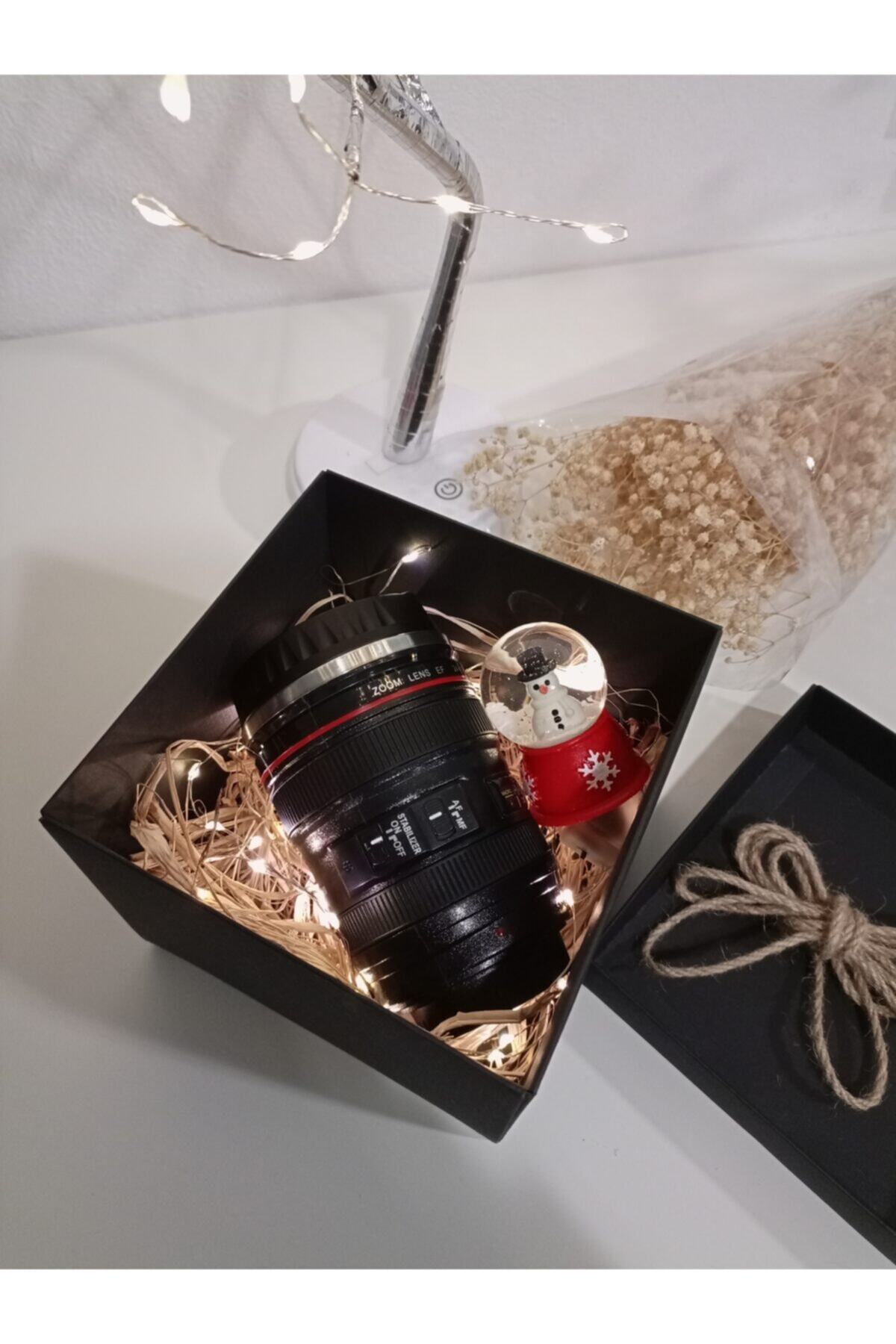 piyatoys Siyah Kare Kutuda Yeni Yıl Hediyesi Objektif Lens Kupa Kardan Adam Küre Peri Led Işık Sevgiliye
