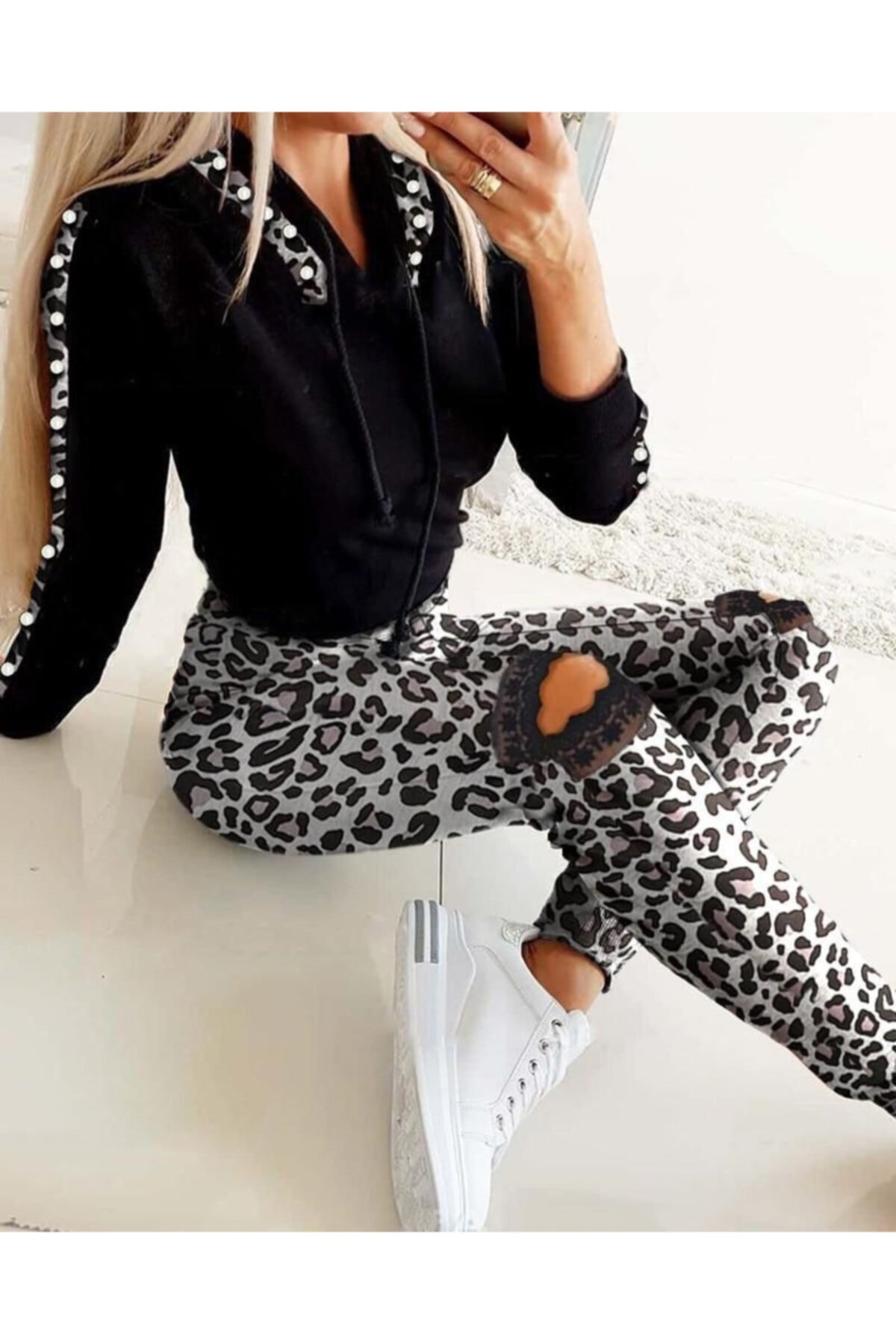 Masspera Leopar Desen Tül Detay Kapüşonlu Janes Iki Iplik Kumaş Takım