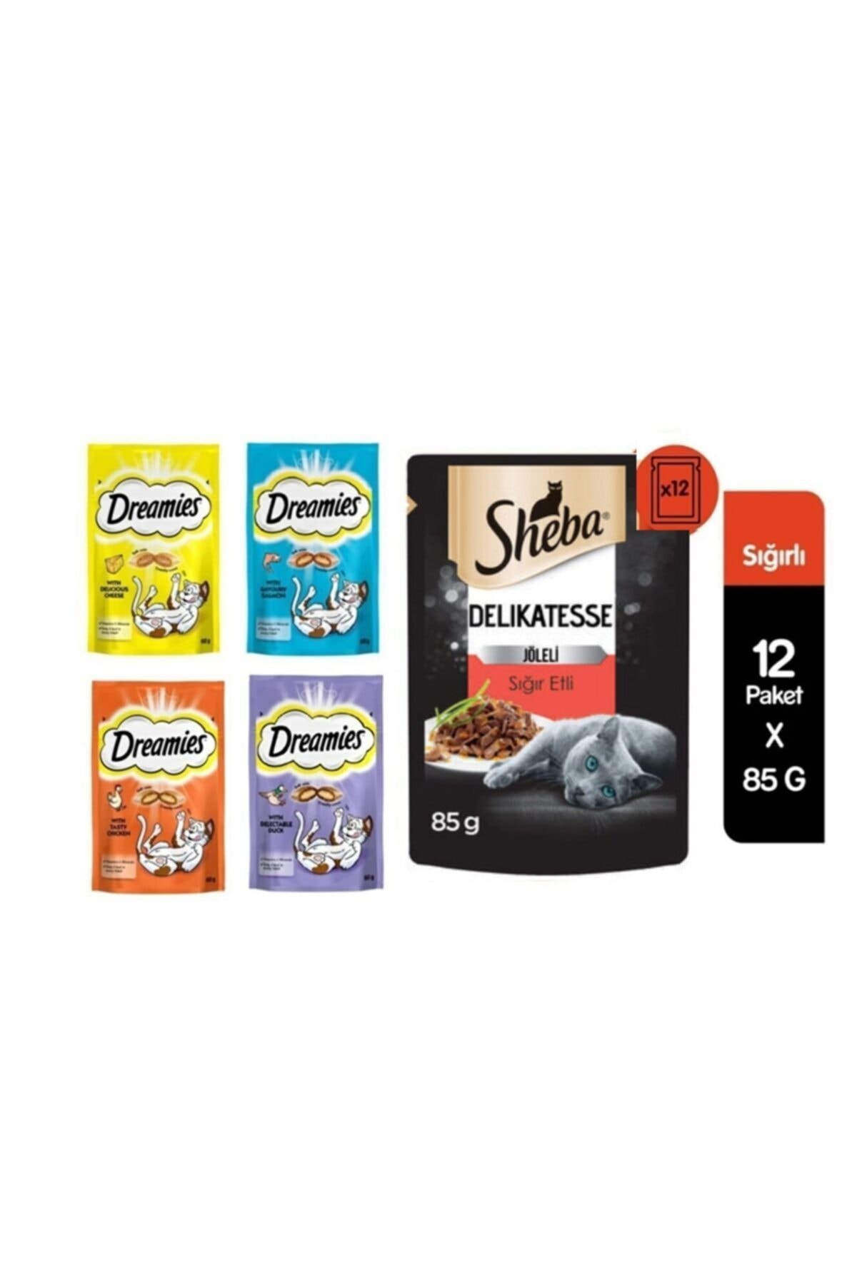 SHEBA Dreamies Kedi Ödül Maması 60gr*4 Adet Karışık Ve Joleli Sığır Etli Yaş Mama 85gr 12 Adet Set