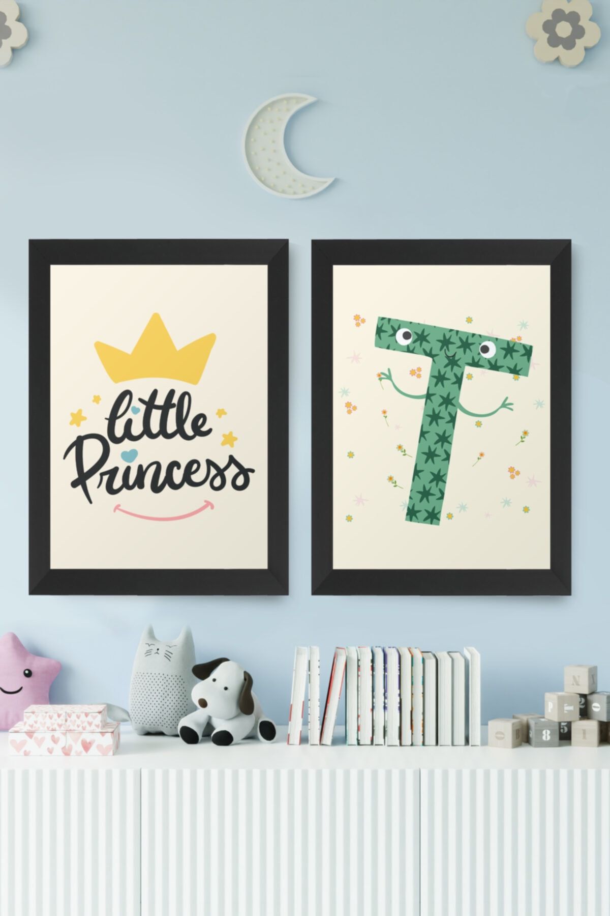 digital art Little Princess Prenses Kız Çocuk Odası T Isim Baş Harfli Tablo Siyah