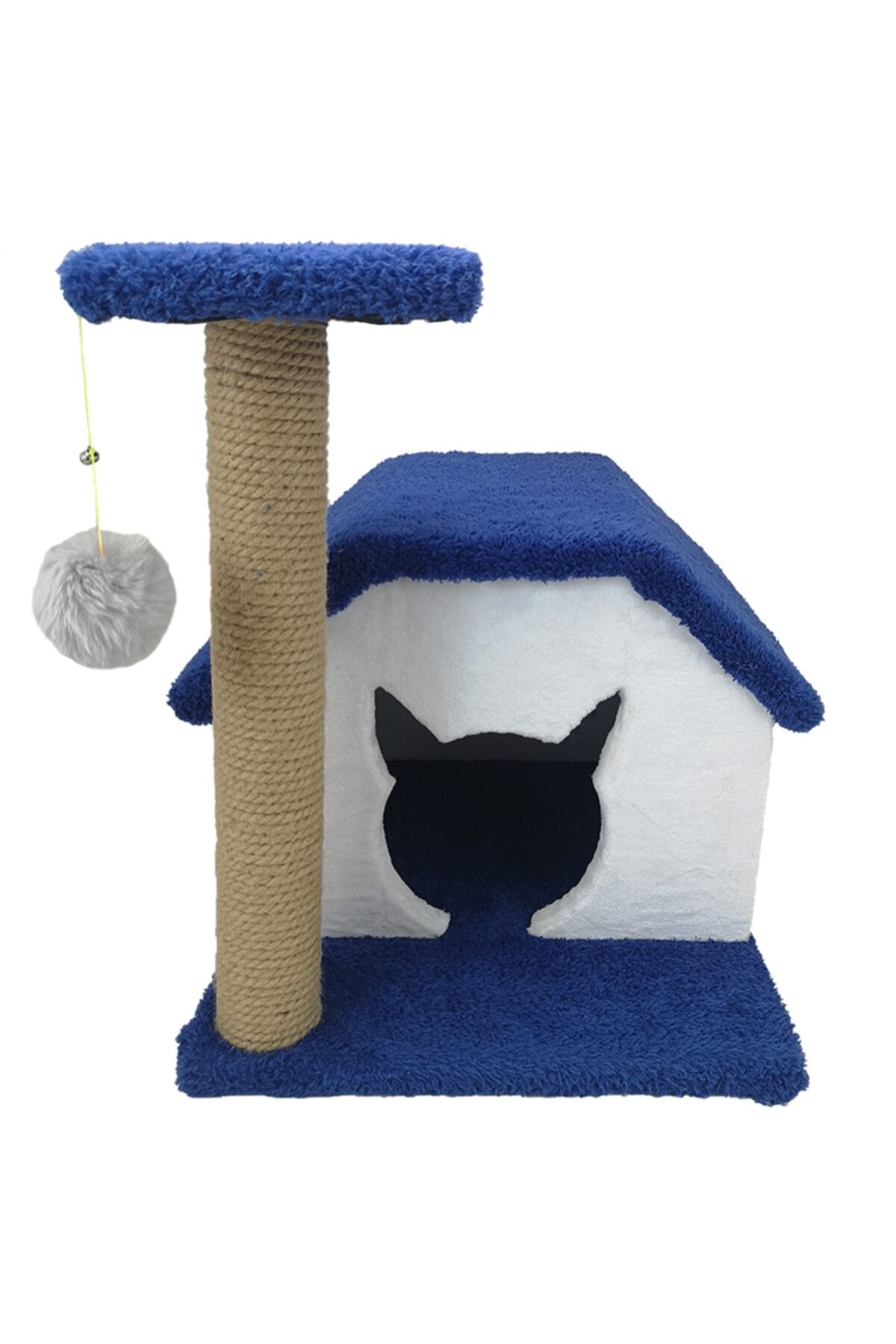Sdypet Kedi Oyun Evi Ve 50cm Tırmalama Tahtası Ponponlu Ve Zilli - Sax Mavi