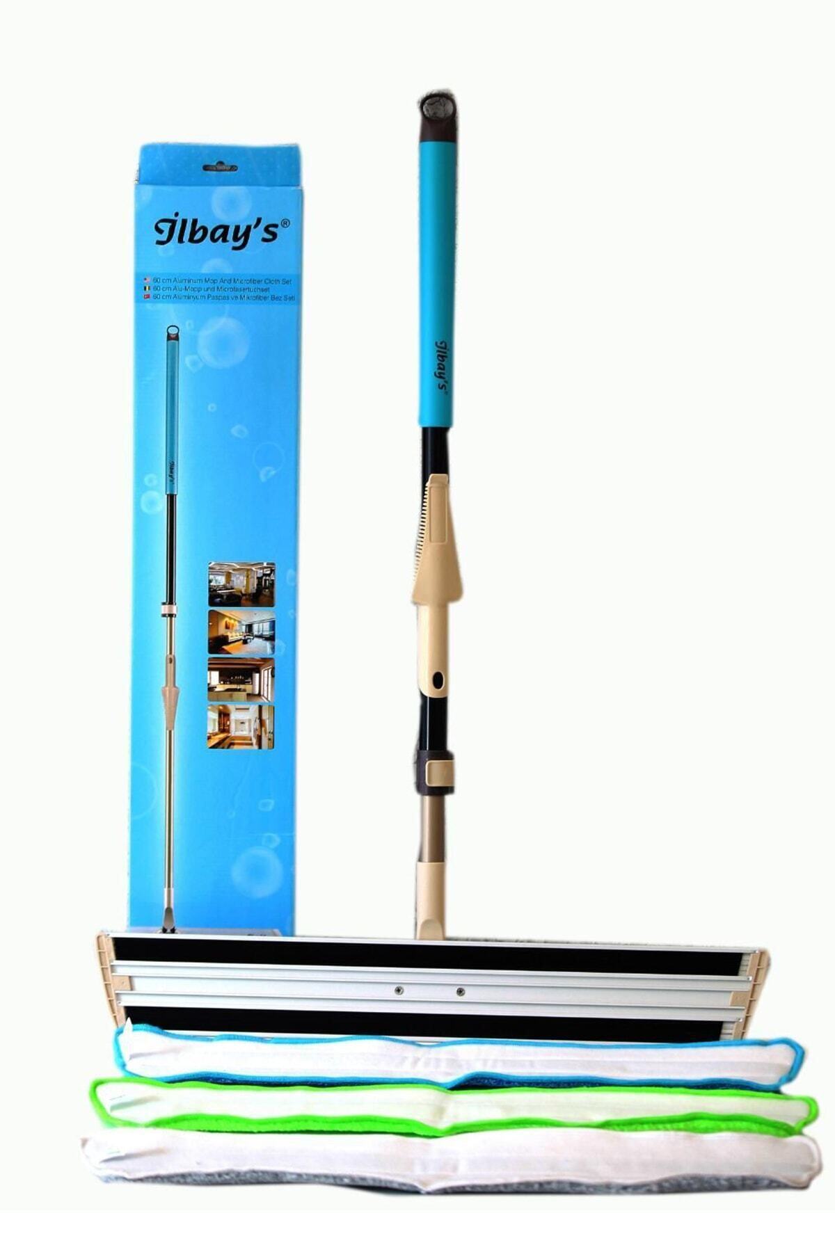 İLBAY'S Alüminyum 360 Derece Dönen 3 Mikro Fiber Bez Ve Temizleme Tarağı 62,5 Cm Mop
