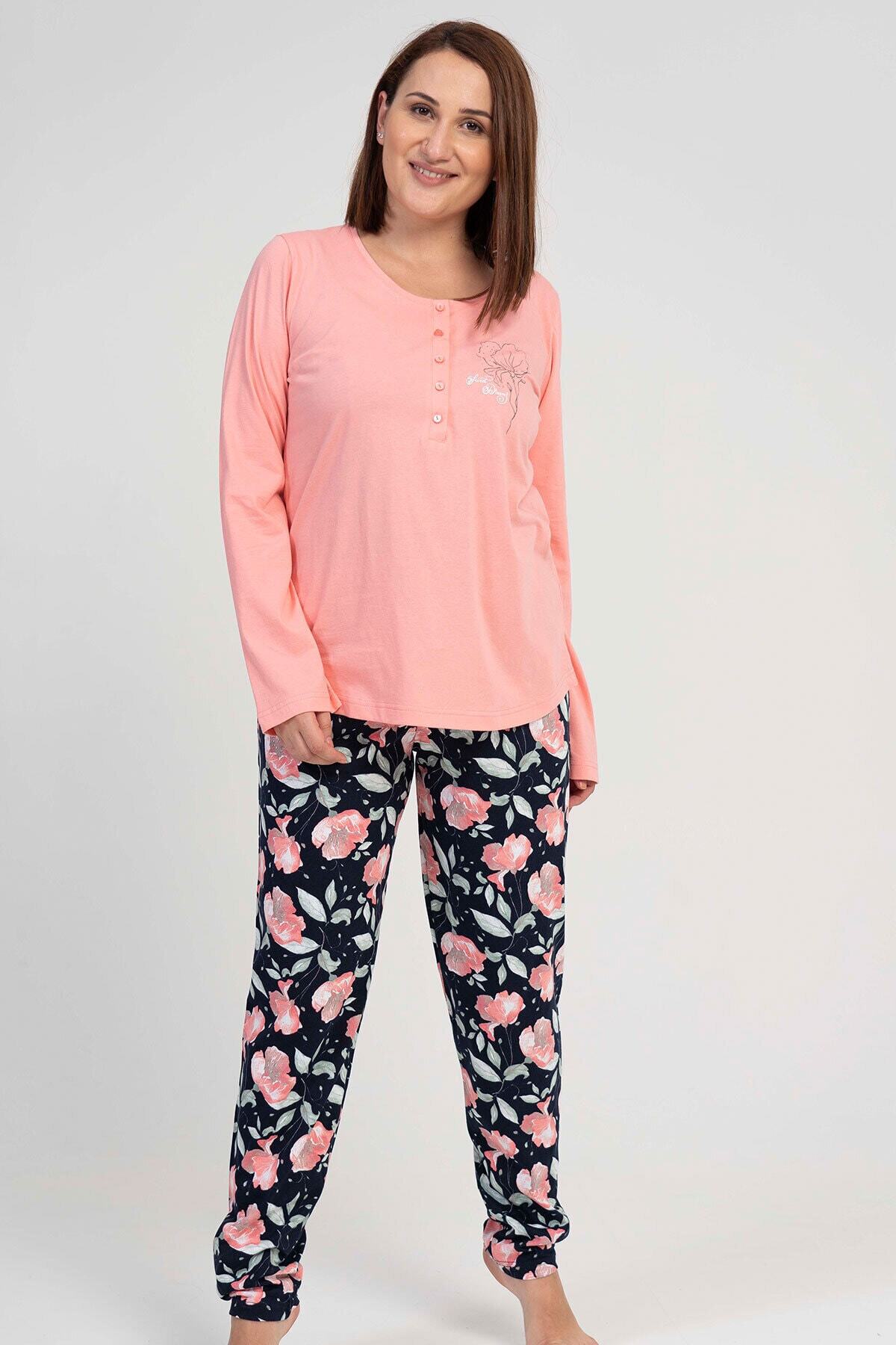 VİENETTA Kadın P.suprem Uzun Kol Büyük Beden Pembe Pijama Takım