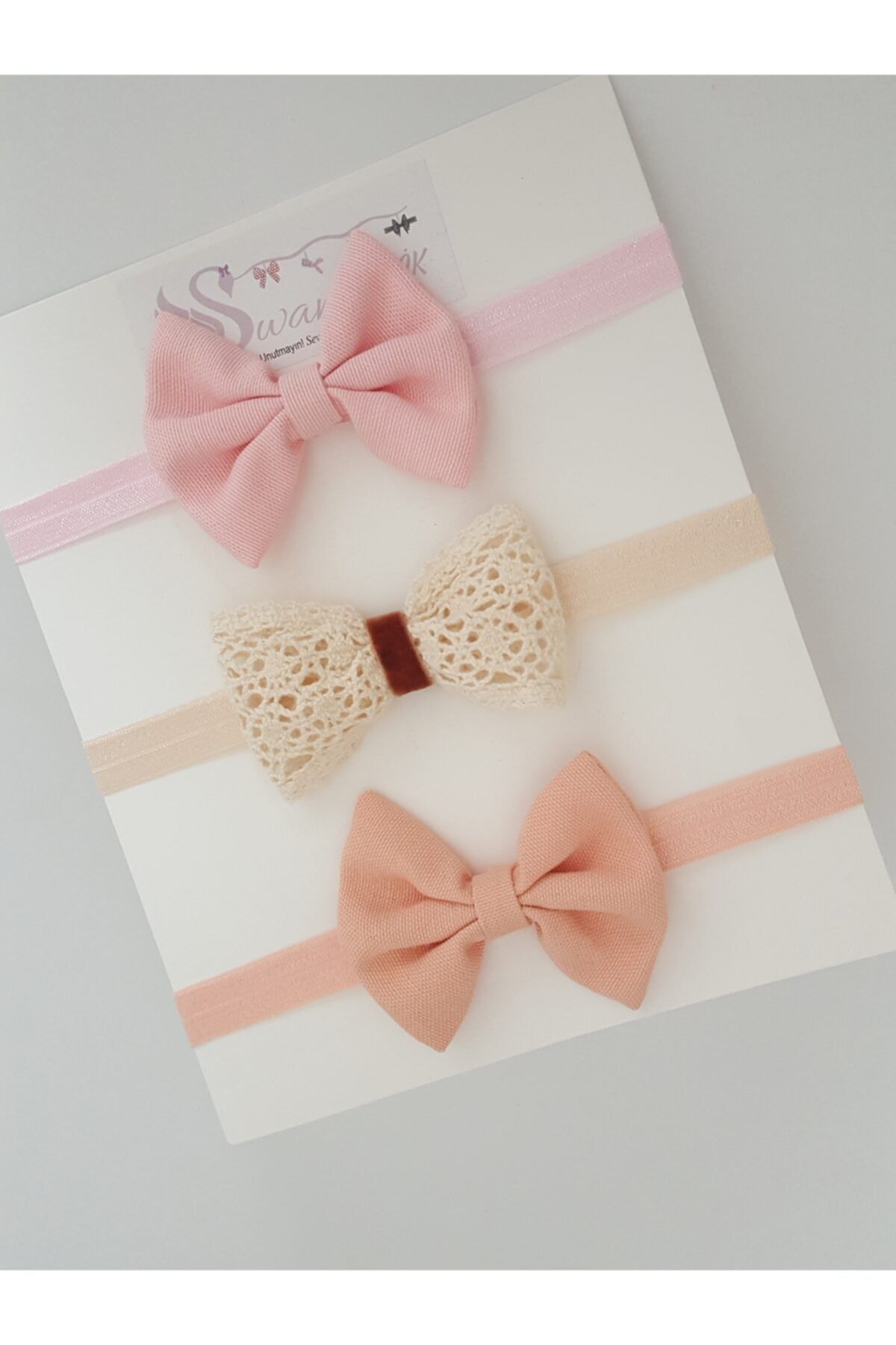 swan butik Kız Bebek Çocuk Bandana Seti 3'lü Krem Dantel Pembe, Lila Fiyonk