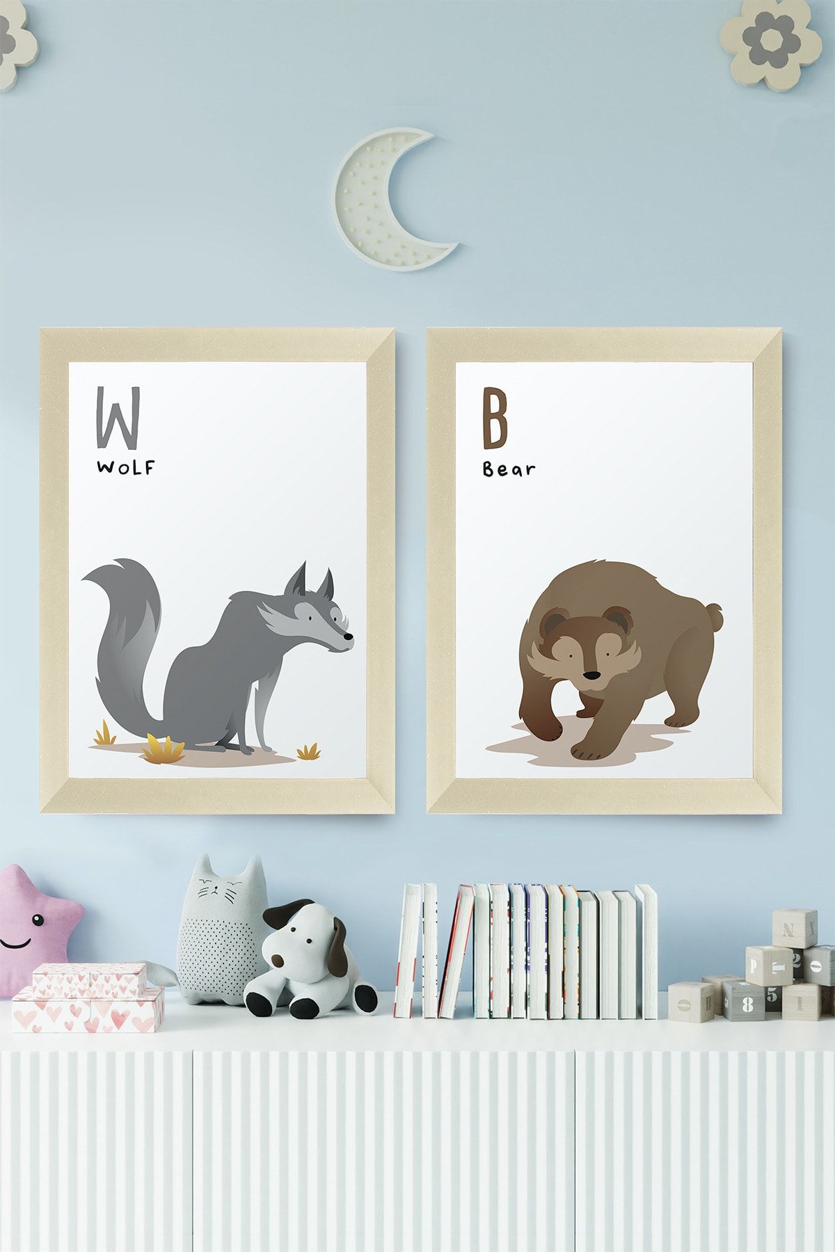 digital art 2'li Set Bebek Çocuk Odası Wolf-Bear Sevimli Hayvan Figürlü Tablo Seti Ahşap