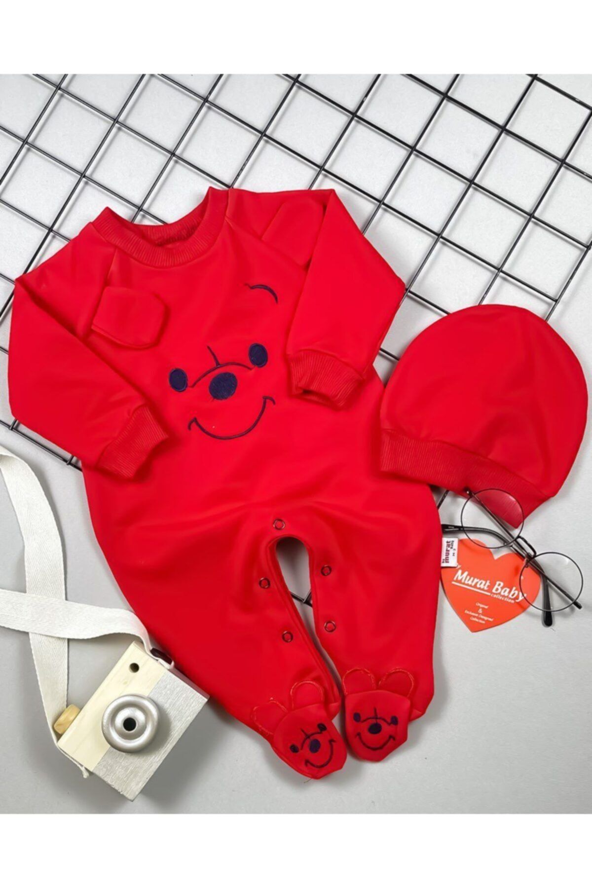 sm bebek Gülen Surat Şapkalı Unisex Kırmızı Tulum