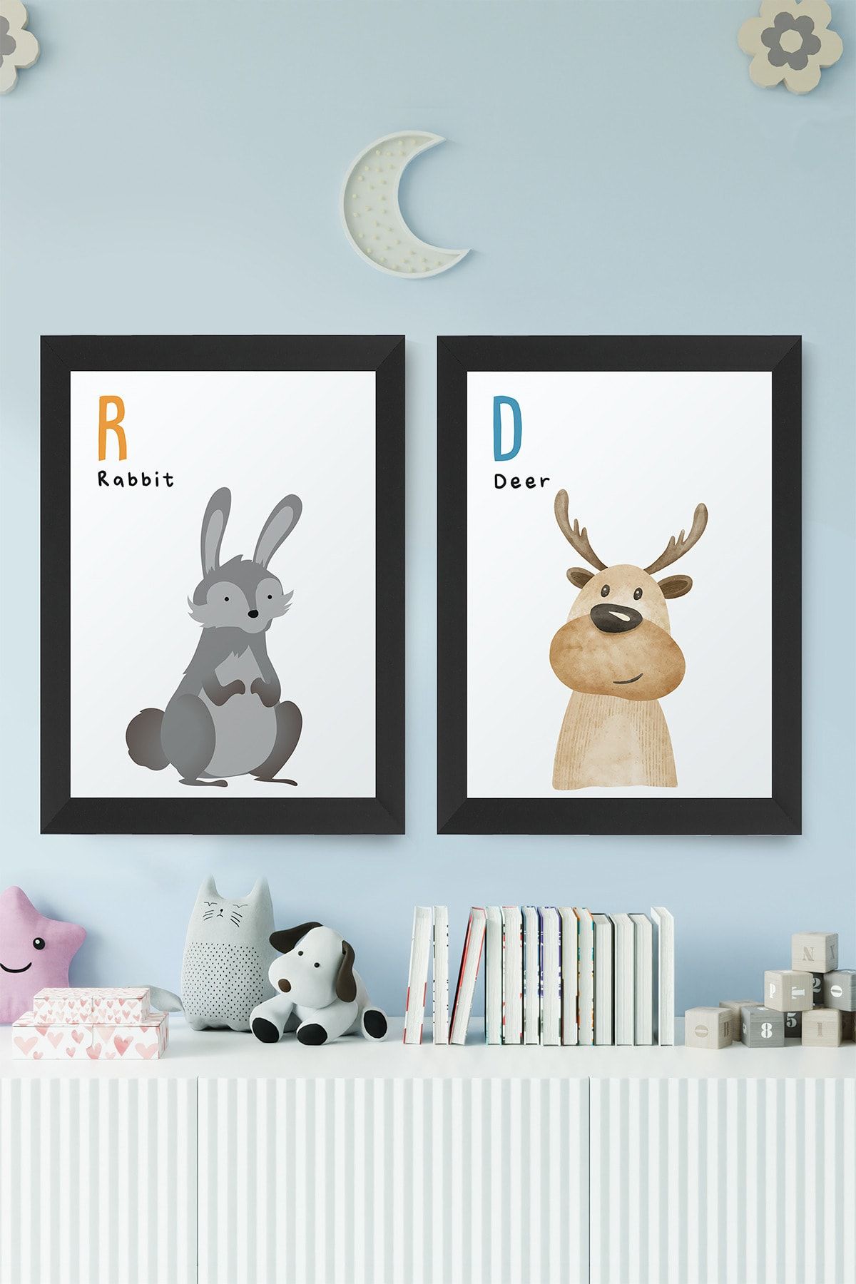 digital art 2 Li Set Bebek - Çocuk Odası Rabbit-Deer Sevimli Hayvan Figürlü Tablo Seti Siyah