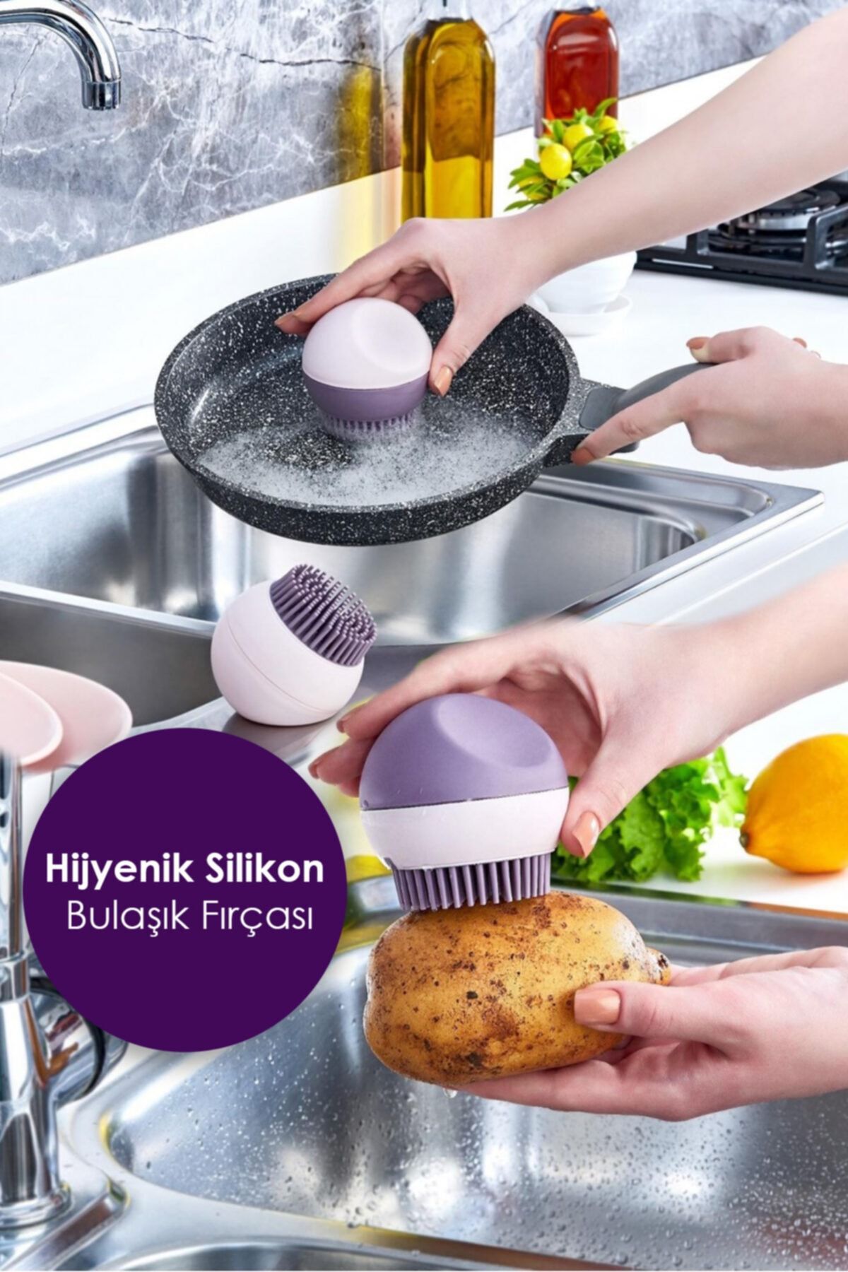 Anadolu Saray Çarşısı Pratik Hijyenik Silikon Bulaşık Fırçası | Silikon Sebze Temizleme Fırçası