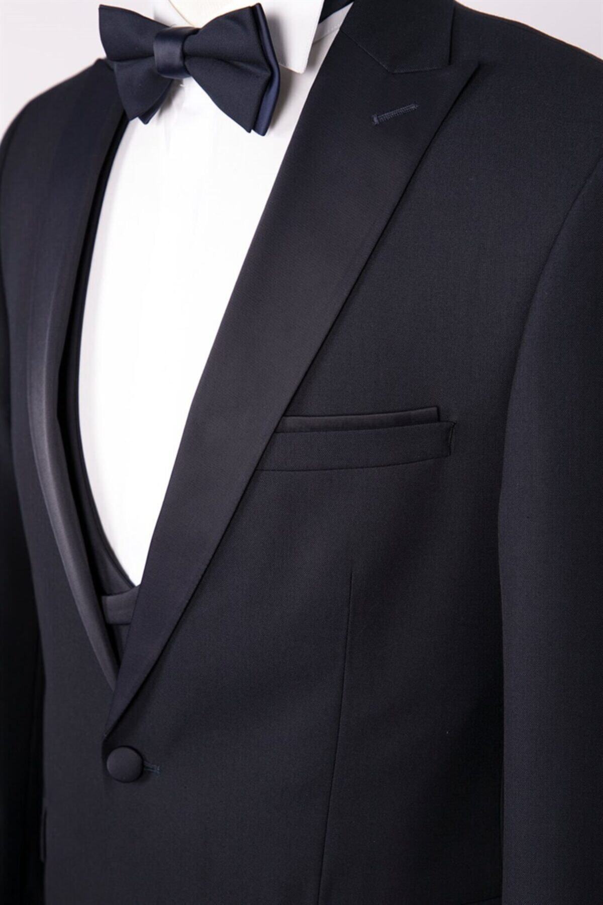 PACO ROMANO Erkek Slim Fit Damatlık Smokin Sivri Yaka Lacivert Yelekli Takım Elbise