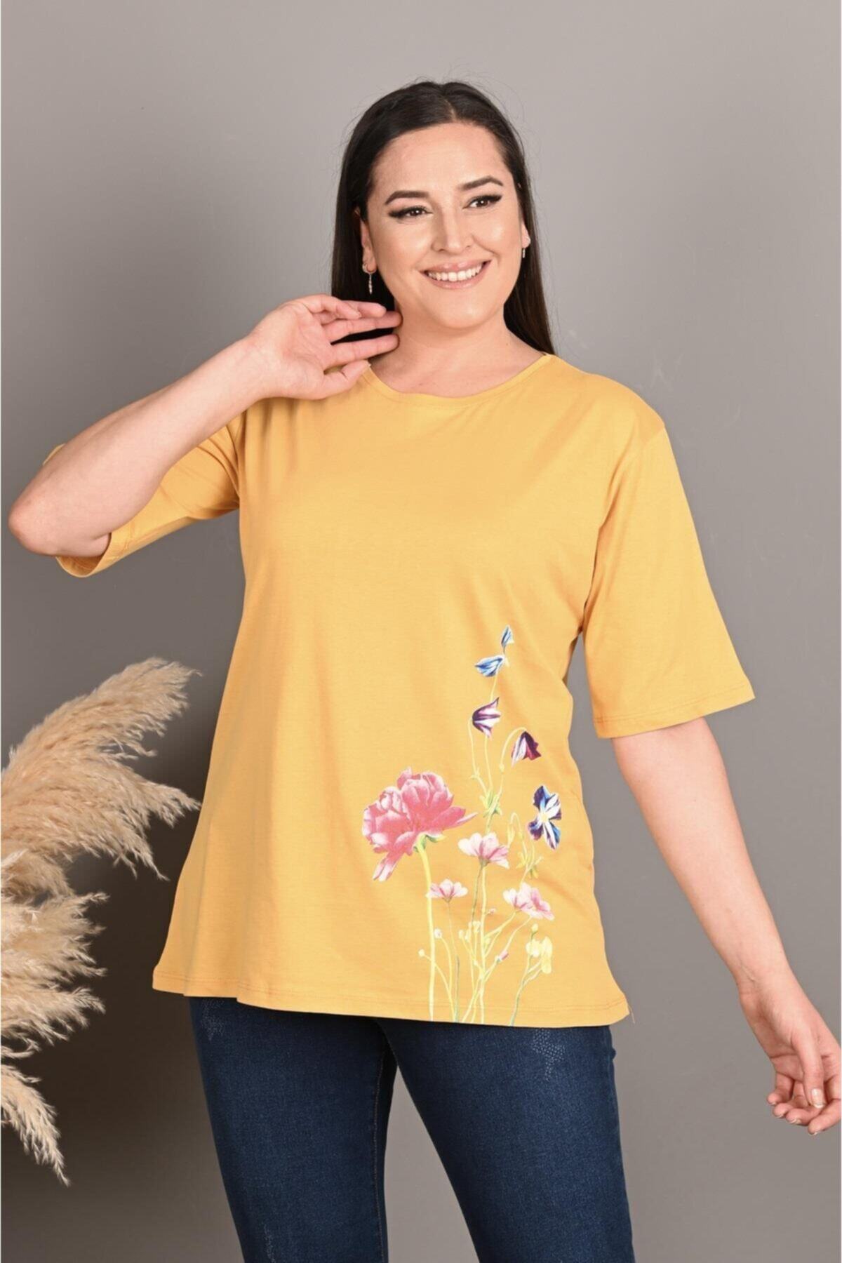 Koza Butik Bisiklet Yaka Büyük Beden Baskılı Tshirt 9906