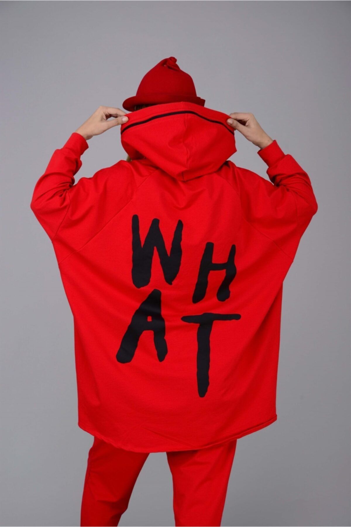 Boutique Teks Büyük Beden What Baskılı Kapüşonlu Sweatshirt