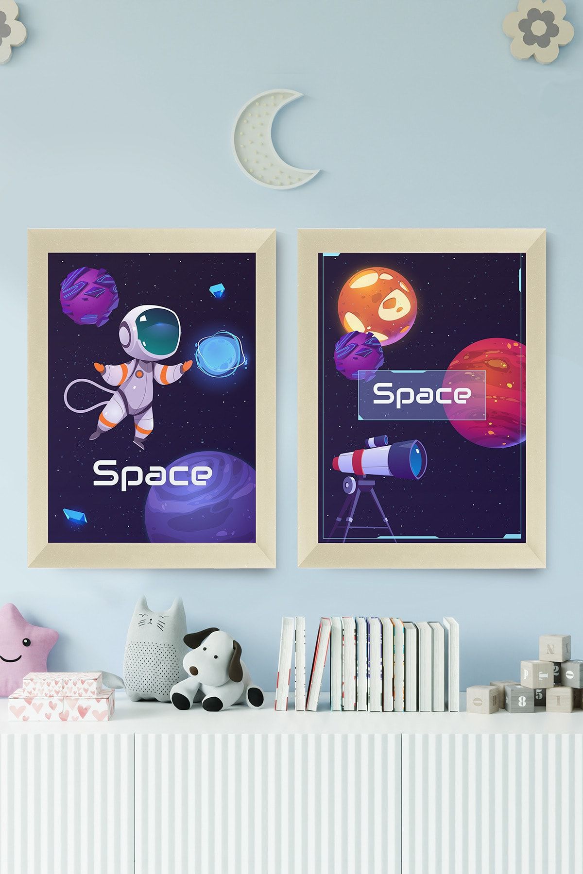 digital art 2'li Set Bebek/çocuk Odası Uzay Ve Astronot Konsept Tablo Seti Ahşap