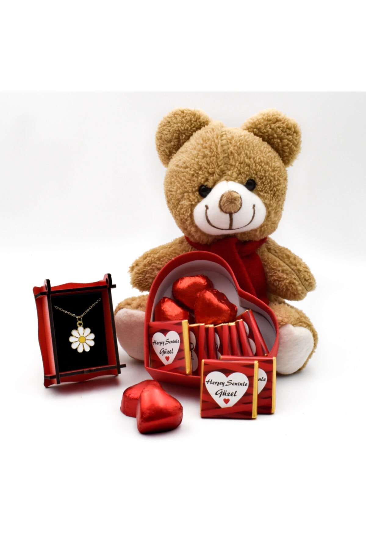Sweet Boxs Sevimli Peluş Ayıcık Çikolata Dolu Kalp Kutu Kırmızı Ahşap Kutulu Papatya Kolye