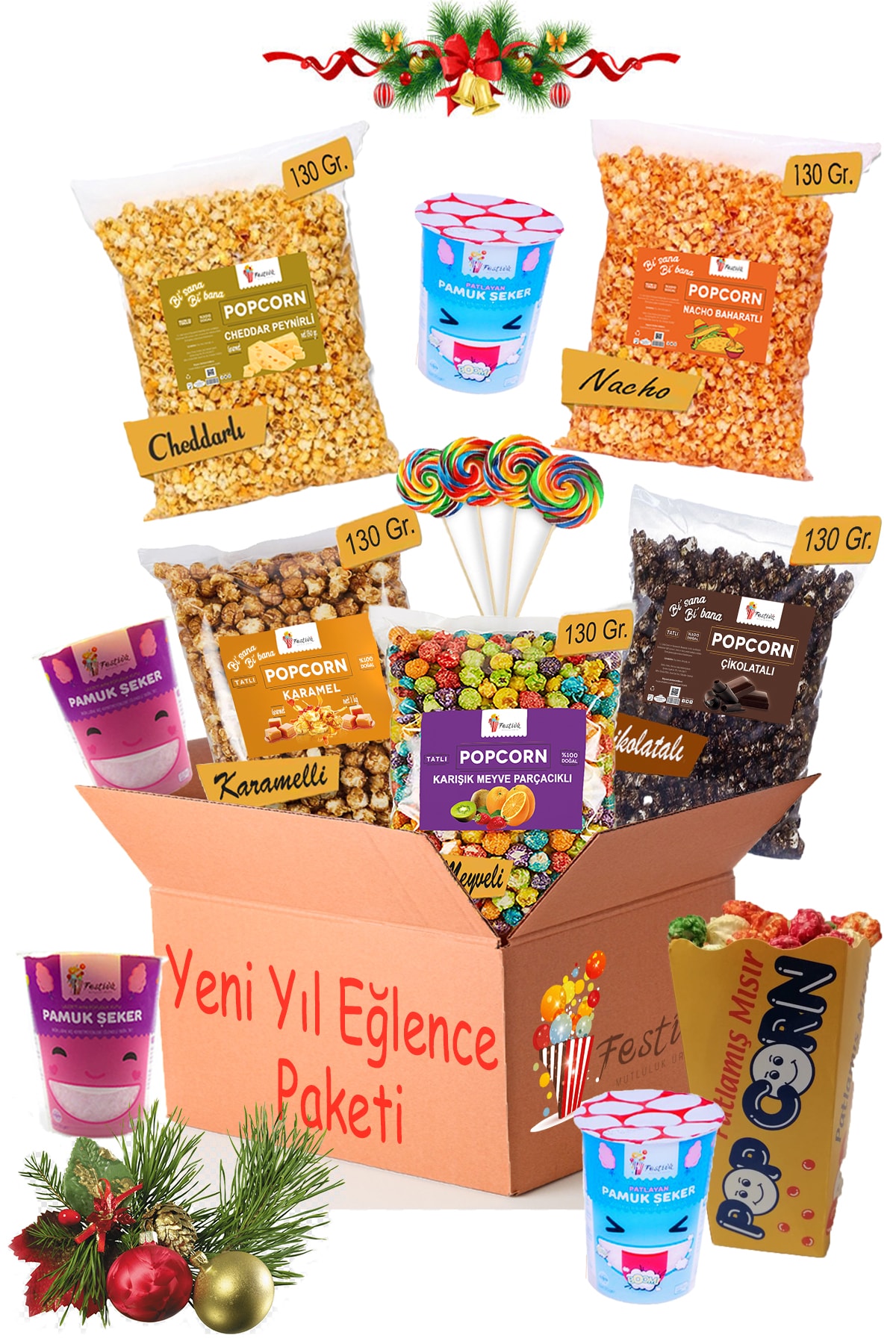 Festiva Yılbaşı Eğlencelik Atıştırma Paketi - Popcorn, Pamuk Şeker, Sosyete Şekeri