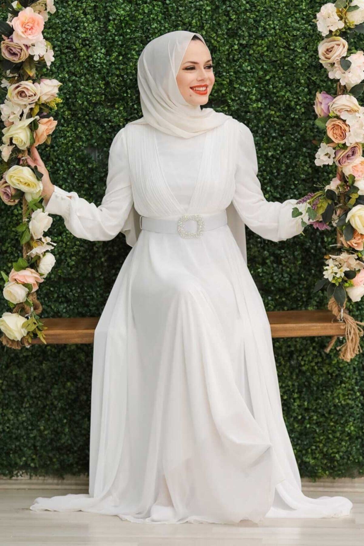 Neva Style Tokalı Kemerli Ekru Tesettür Abiye Elbise 27690e