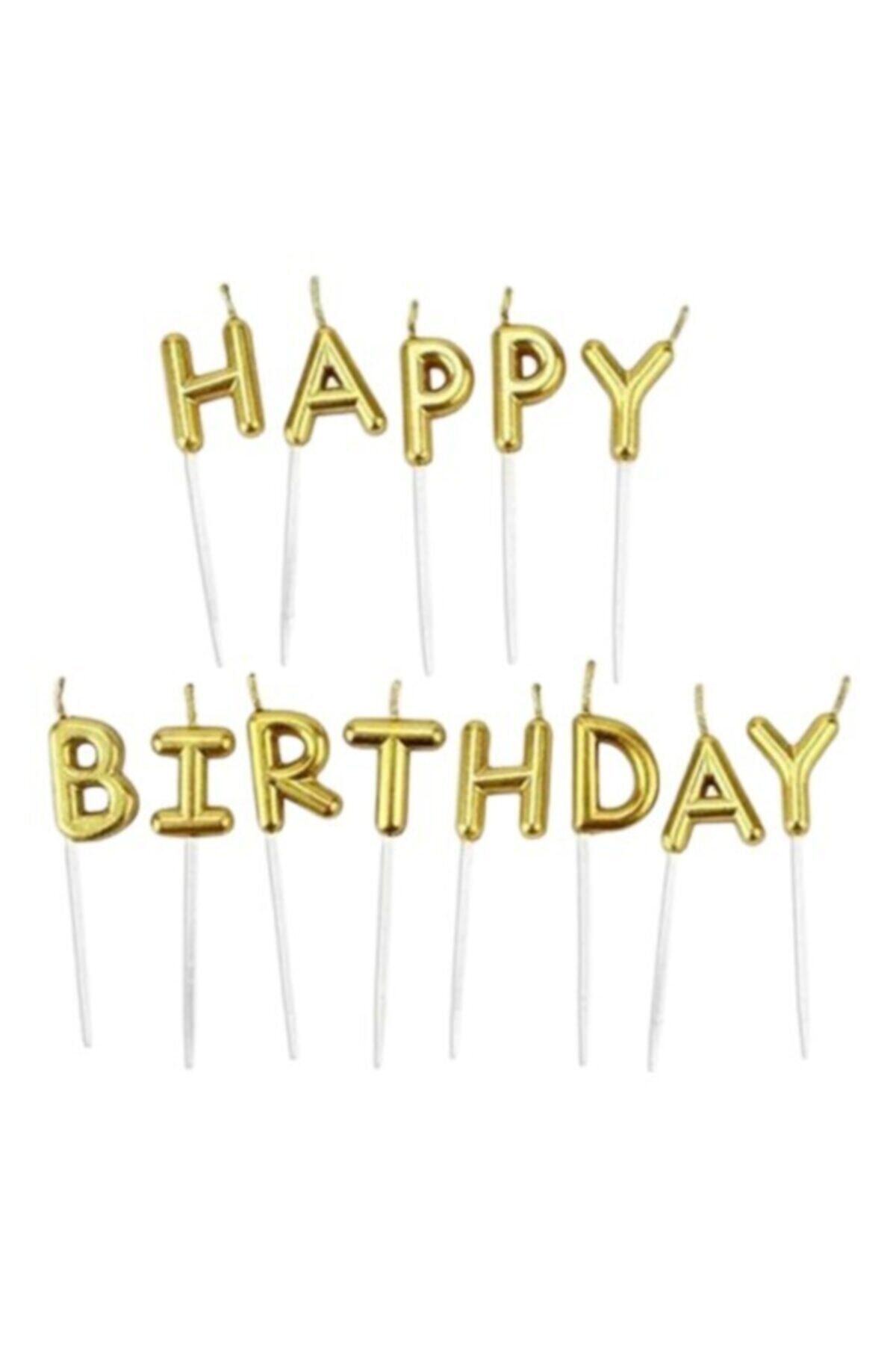 hediyedebiz Altın Happy Brithday Yazılı Mum