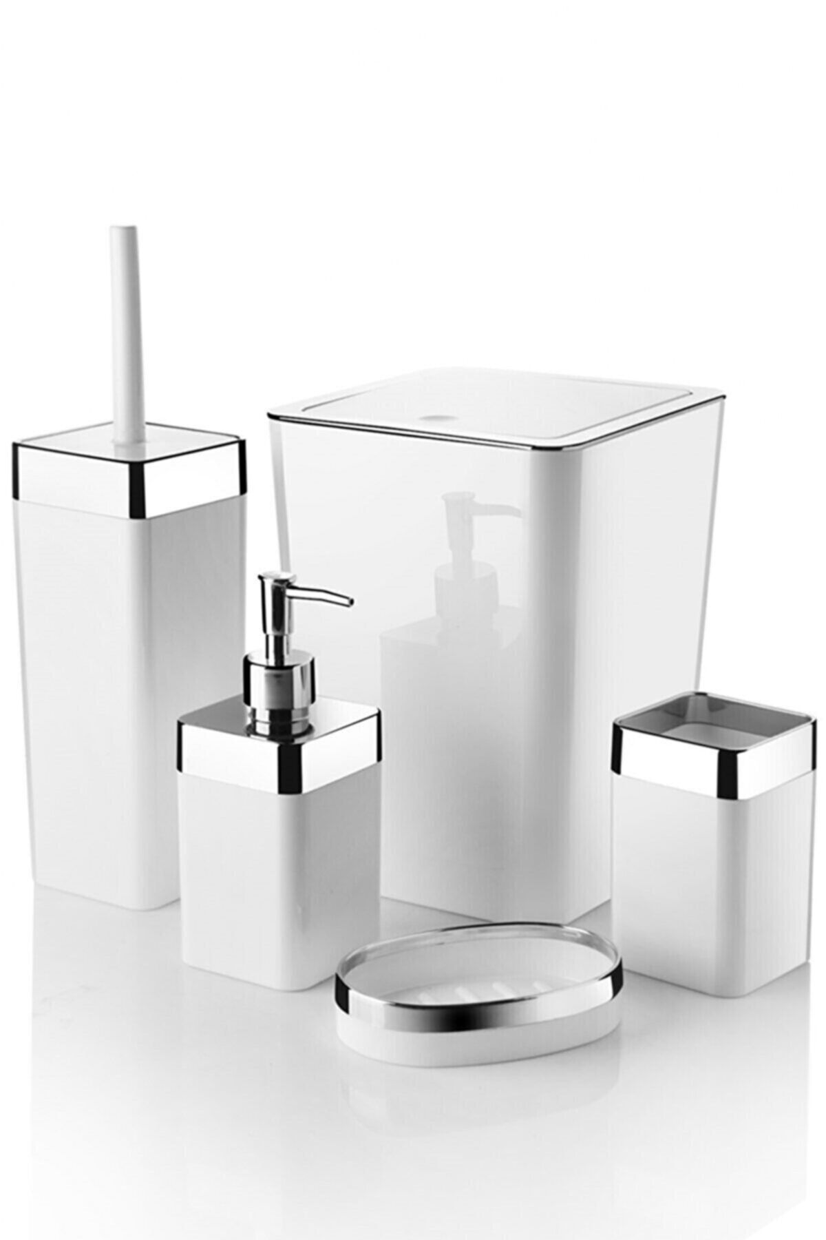 Queen’s Kitchen 5 Parça Akrilik Metalize Kaplamalı Lüx Banyo Seti-beyaz