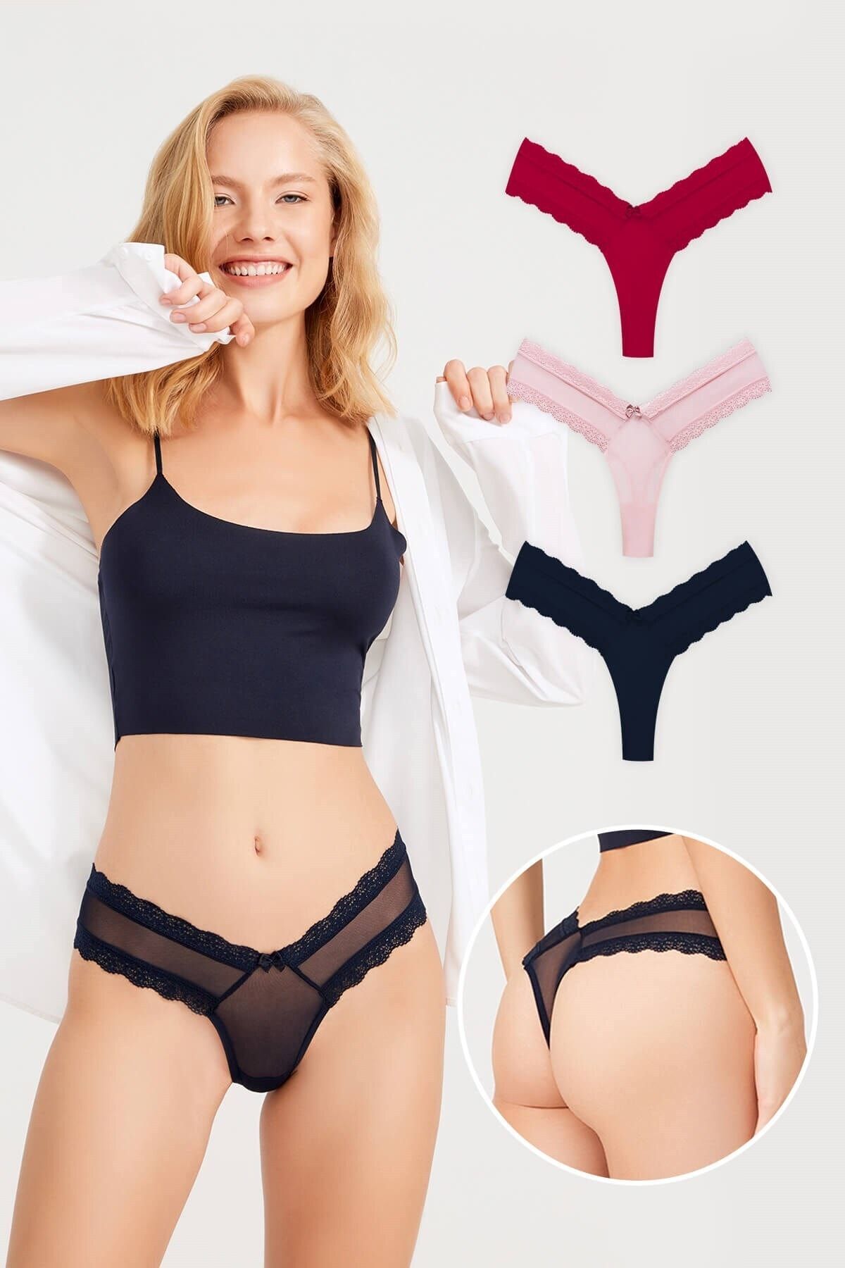 Cottonhill Transparan Tüllü Dantel Detaylı Kadın Tanga 3'lü Paket Külot - 2