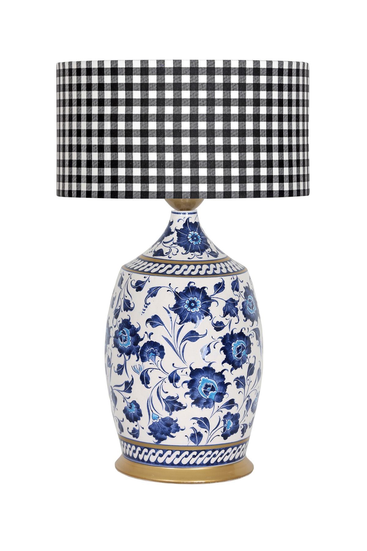 Vinner Blue Blanc Series Kthy01 Handmade Özel Tasarım Seramik Abajur - Siyah Beyaz Ekose