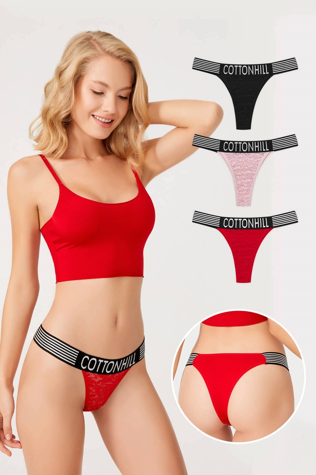 Cottonhill Basic Dantelli Arkası Pamuklu Kadın Brezilya 3'lü Paket Külot - 4
