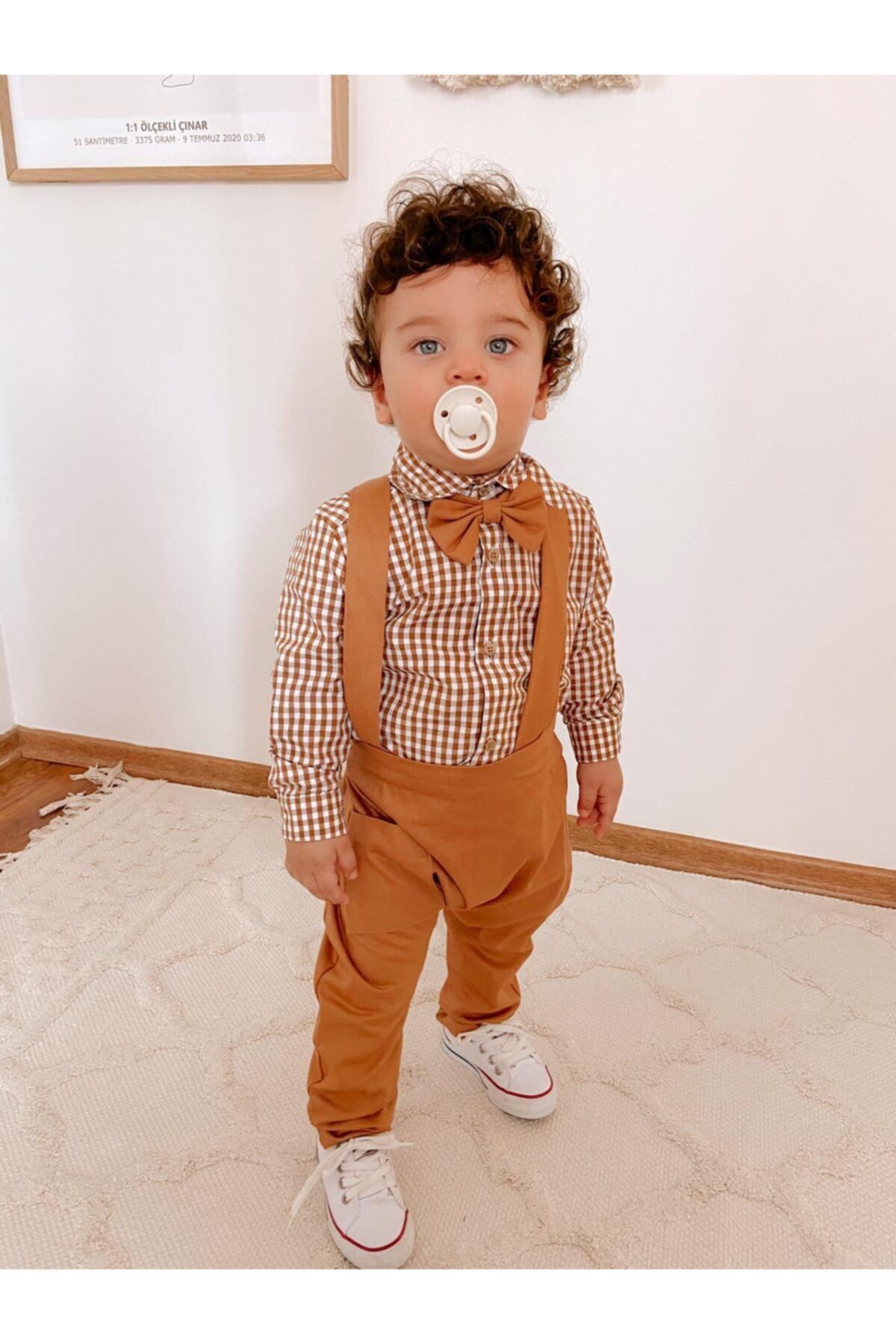 favorimkids Sütlü Kahve Gabardin Harem Salopet Piti Kareli Gömlek Papyon