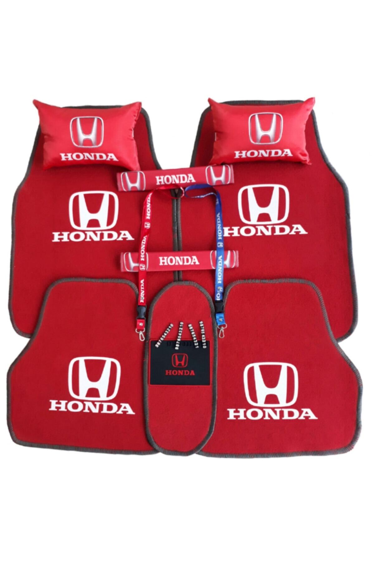 TUSBA MARKET Honda Logolu  Uyumlu 5 Parça Kırmızı Oto Halı Paspas Kırmızı Yastık Kemer Pedi & Oto Aksesuar Seti