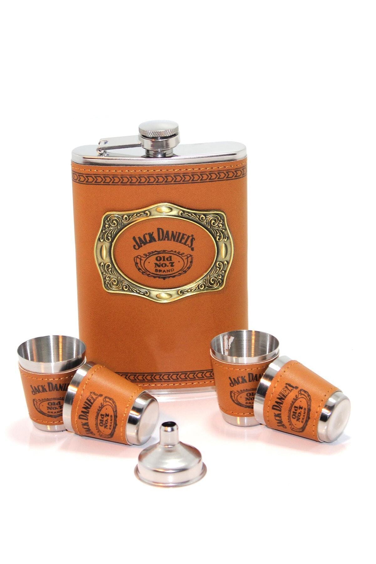 Jack Daniels Jack Içki Matarası 4 Shot Bardaklı Paslanmaz Çelik Deri Kaplama 9 Oz ( 266 Ml )