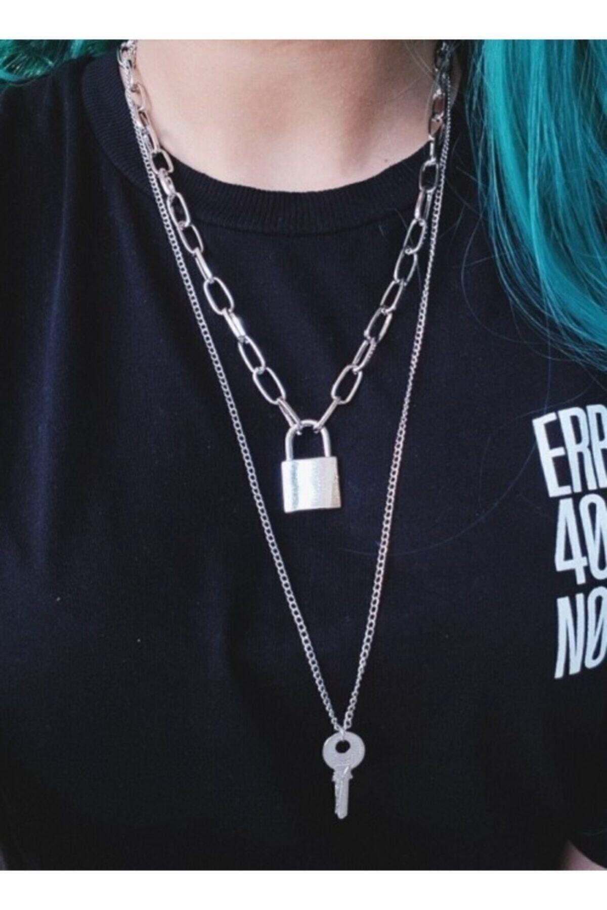 Işıl Işıl Unisex Gri Kilit ve Anahtar Zincir Kolye