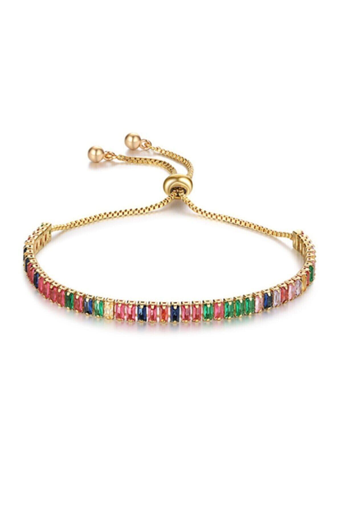 Lydia Jewelry Su Yolu Renkli Baget Taşlı Altın Kaplama Çelik Bileklik