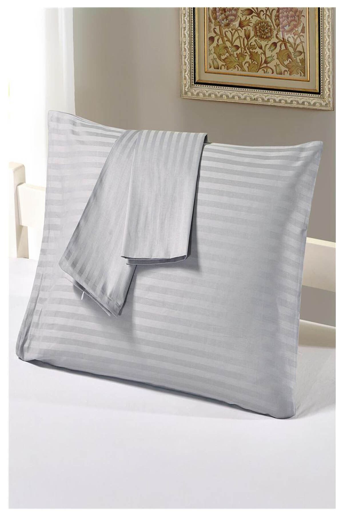 Tekstil Home Çizgili Pamuk Saten Yastık Kılıfı Seti 2 Adet 50x70 Ebat Gri Renk