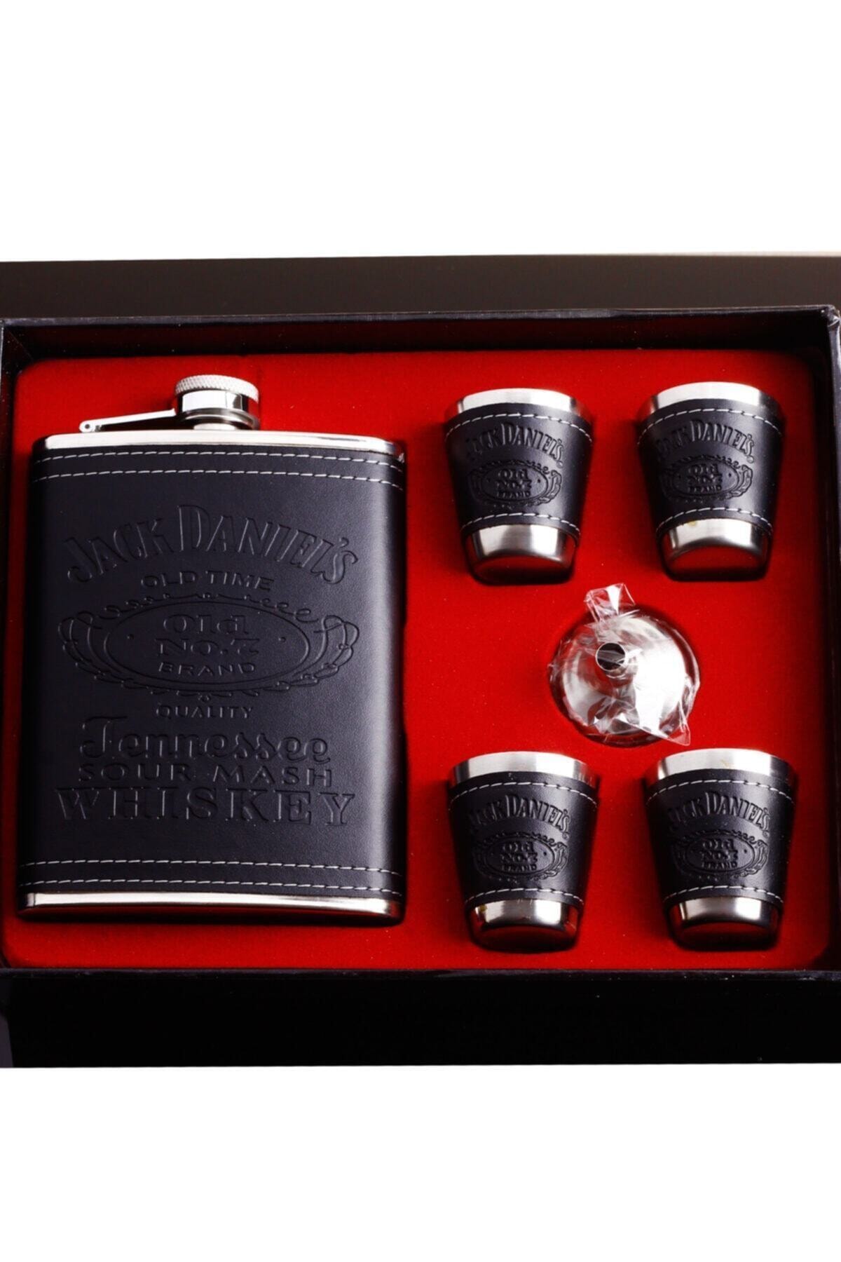 HediyeSepete Jack Daniels Metal Votka Viski Matarası 4adet Shot Bardağı Set
