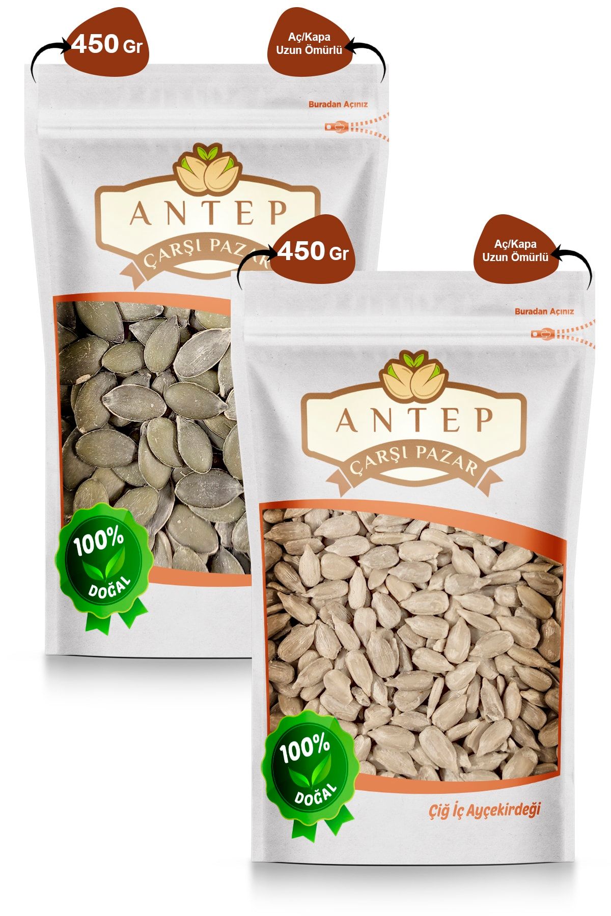 Antep Çarşı Pazar Çiğ Iç Ayçekirdeği 450 Gr. | Çiğ Iç Kabak Çekirdeği 450 Gr.