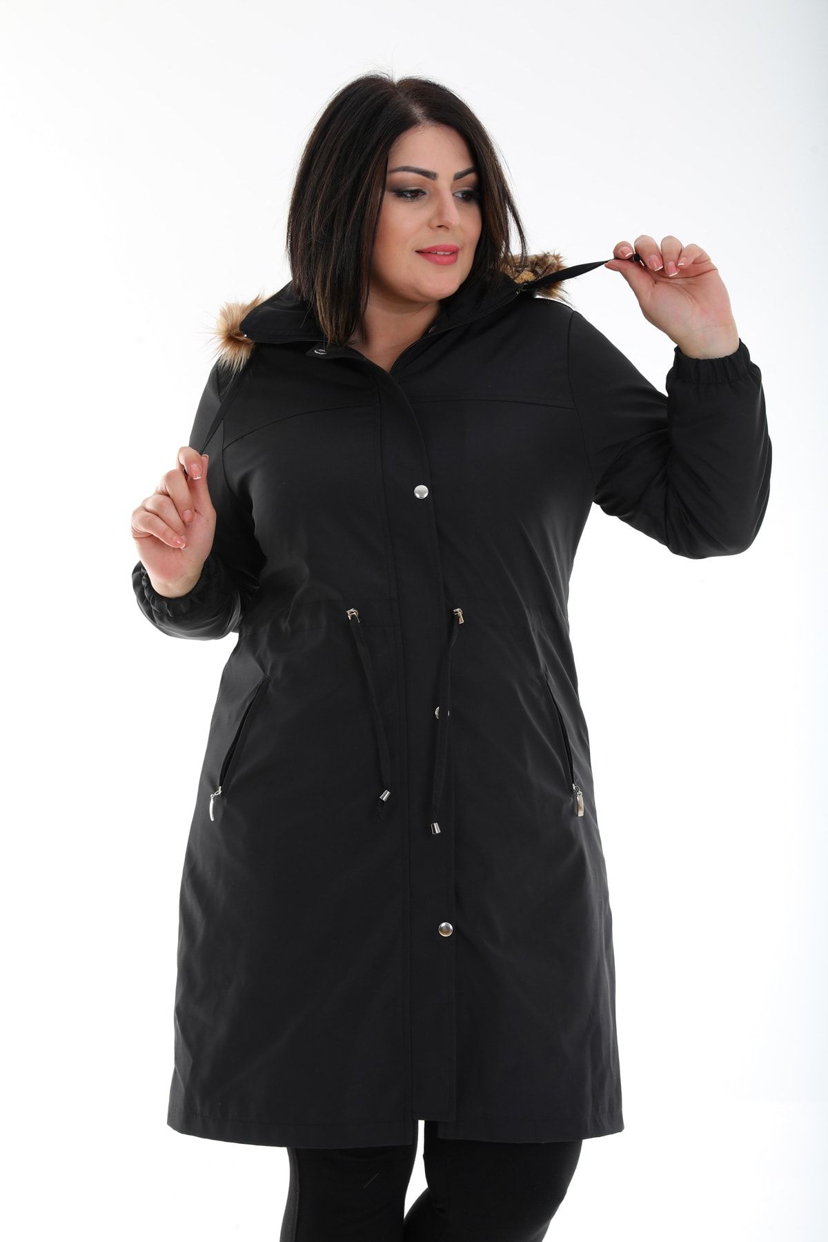 TUTveAL Collection Kadın Suya Dayanıklı Büyük Beden Mont Siyah Kapüşonlu Içi Kürklü Bonded Kumaş Mont 44-58 Beden