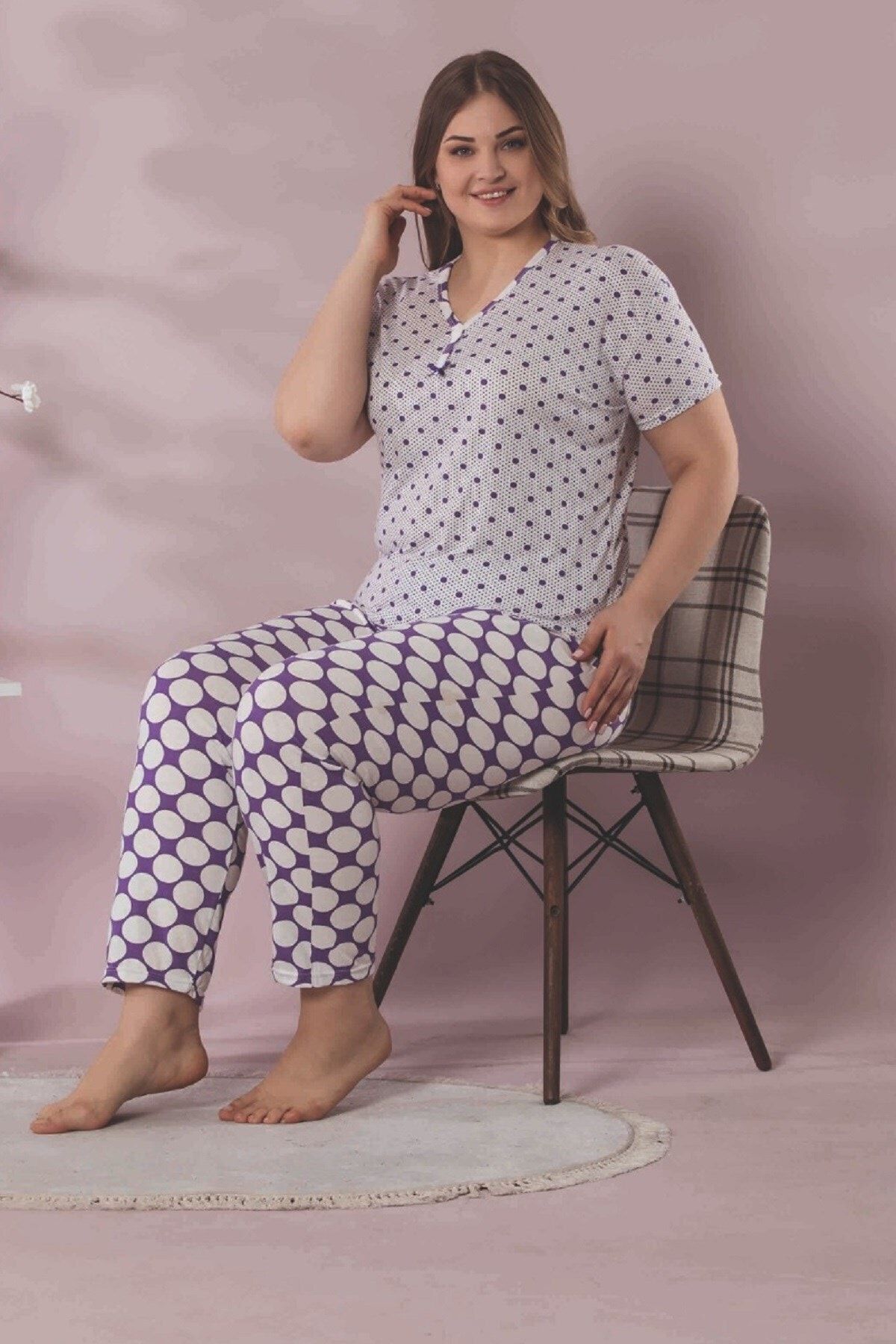 tarzimsuper Lila Kadın Büyük Beden Kısa Kollu Pijama Takımı