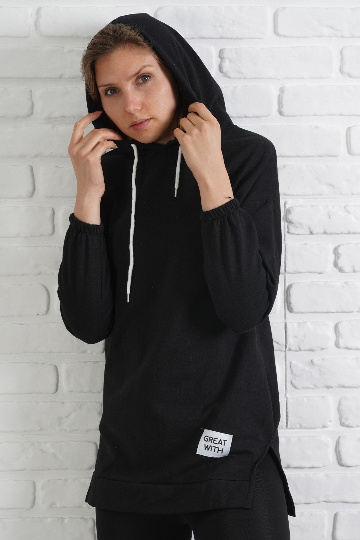 Manga Kadın Iki Ip Şardonlu Kapşonlu Tunik Sweat Siyah