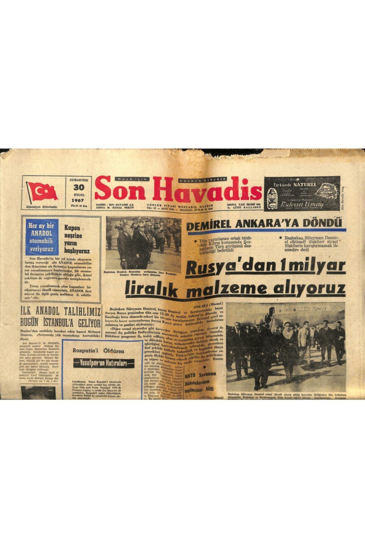 Gökçe Koleksiyon Son Havadis Gazetesi 30 Eylül 1967 - Rusya'dan 1 Milyar Liralık Malzeme Alıyoruz