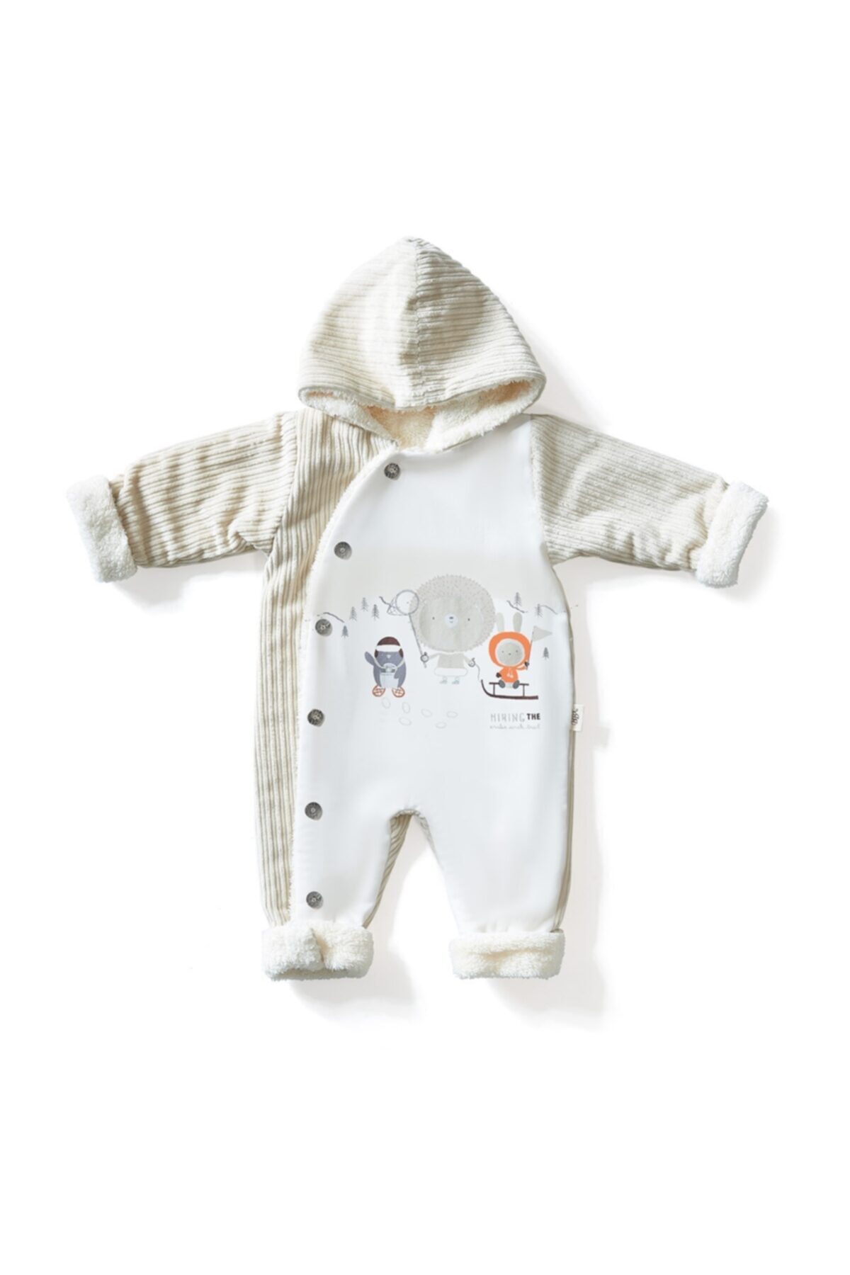 AGES ANGELS Fitilli Kadife Baskılı Krem Kapüşonlu Bebek Tulum