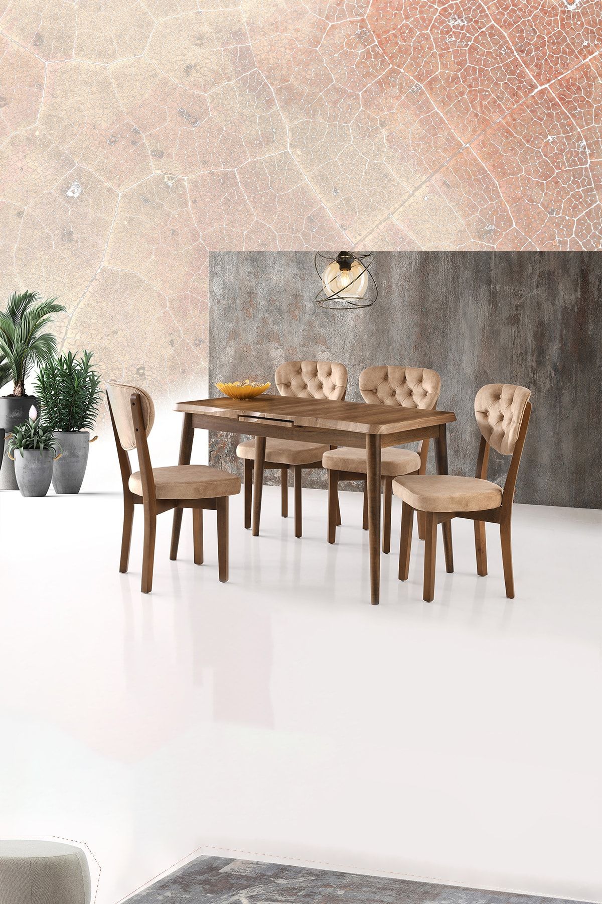 Mobesko AVM Ceviz Ahşap Desenli 80x130 Cm 6 Sandalyeli Açılabilir Yemek Ve Mutfak Masa Takımı