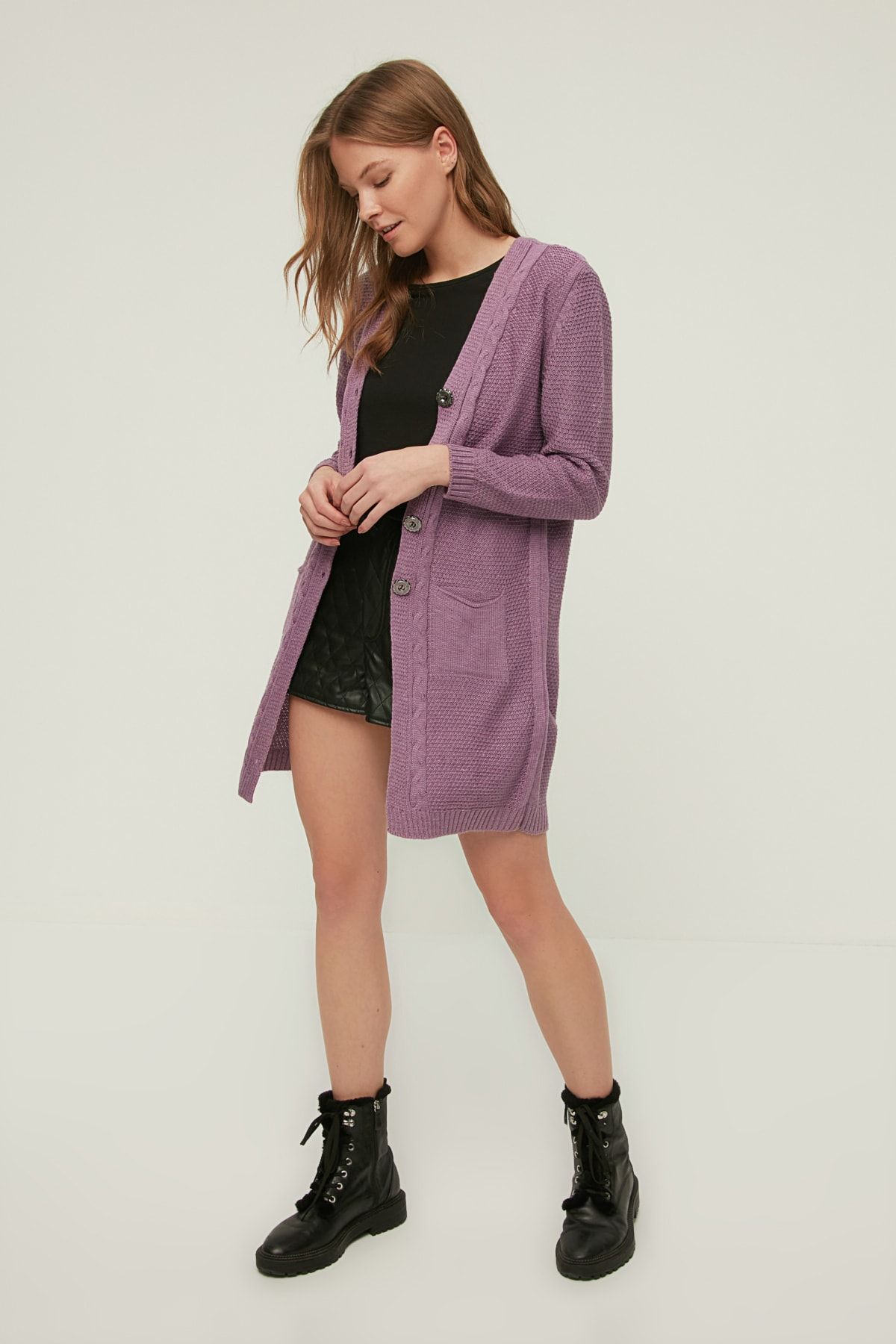 TRENDYOLMİLLA Lila Cep Detaylı Triko Hırka TWOAW22HI1176