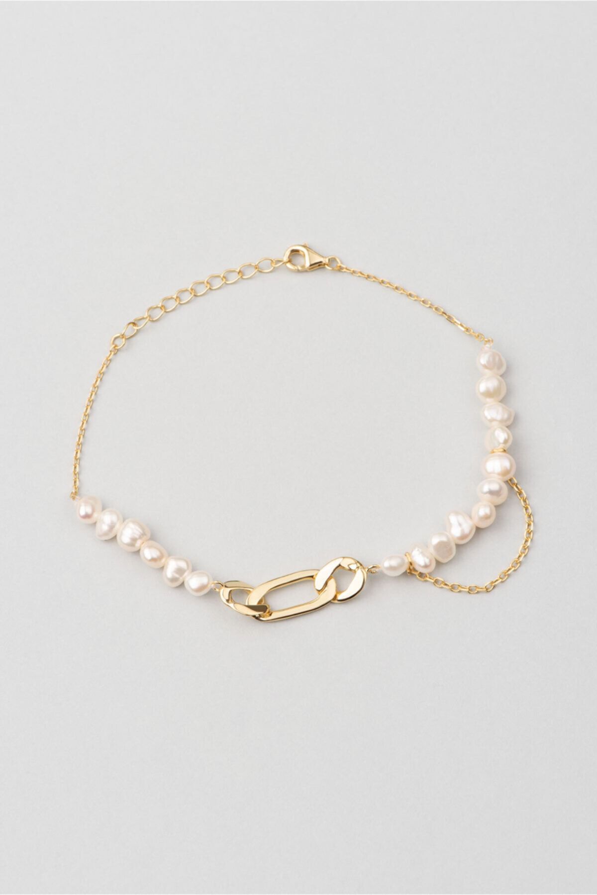 So CHIC... Zincir Detaylı 18 Ayar Sarı Altın Kaplama 20 Cm Gümüş Pearlshine Inci Bileklik
