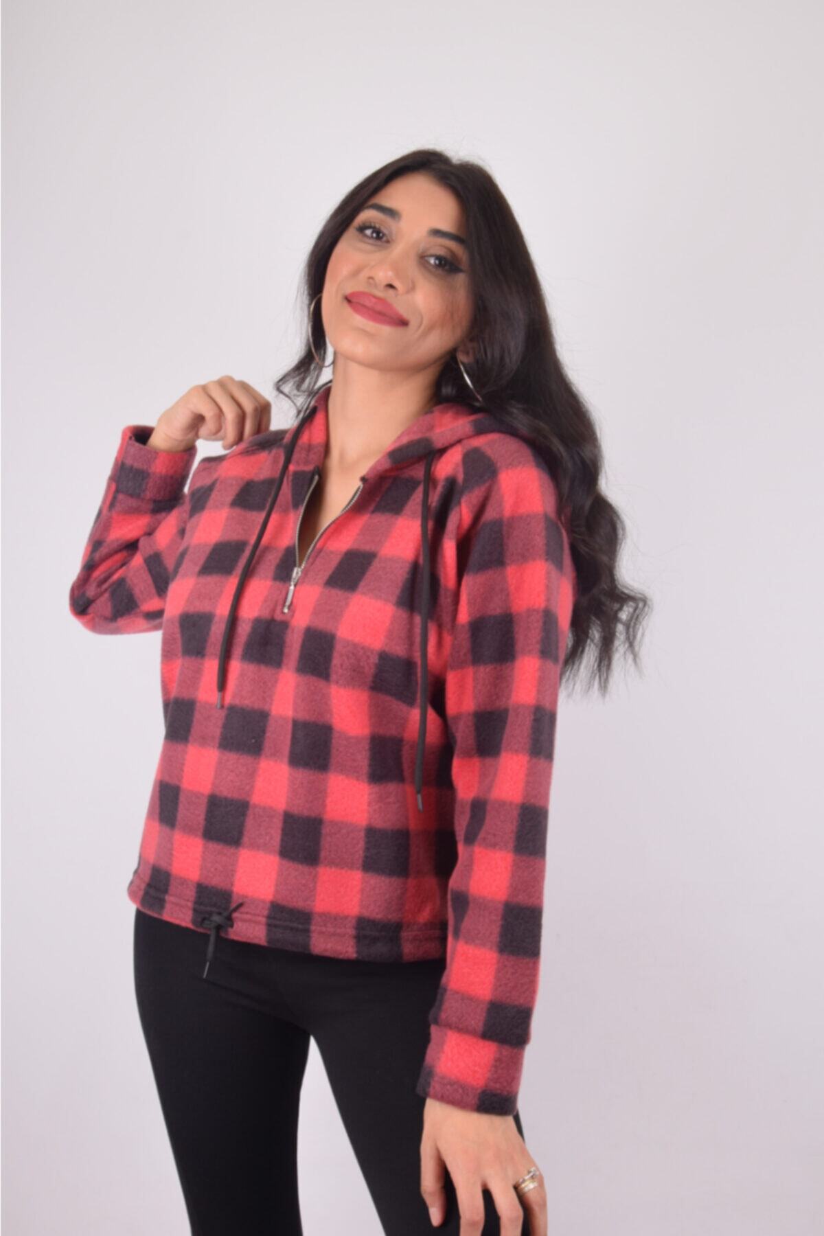 Babuckha Kadın Kapşonlu Kırmızı Ekose Desen Alt Bağlamalı Polar Sweatsihirt