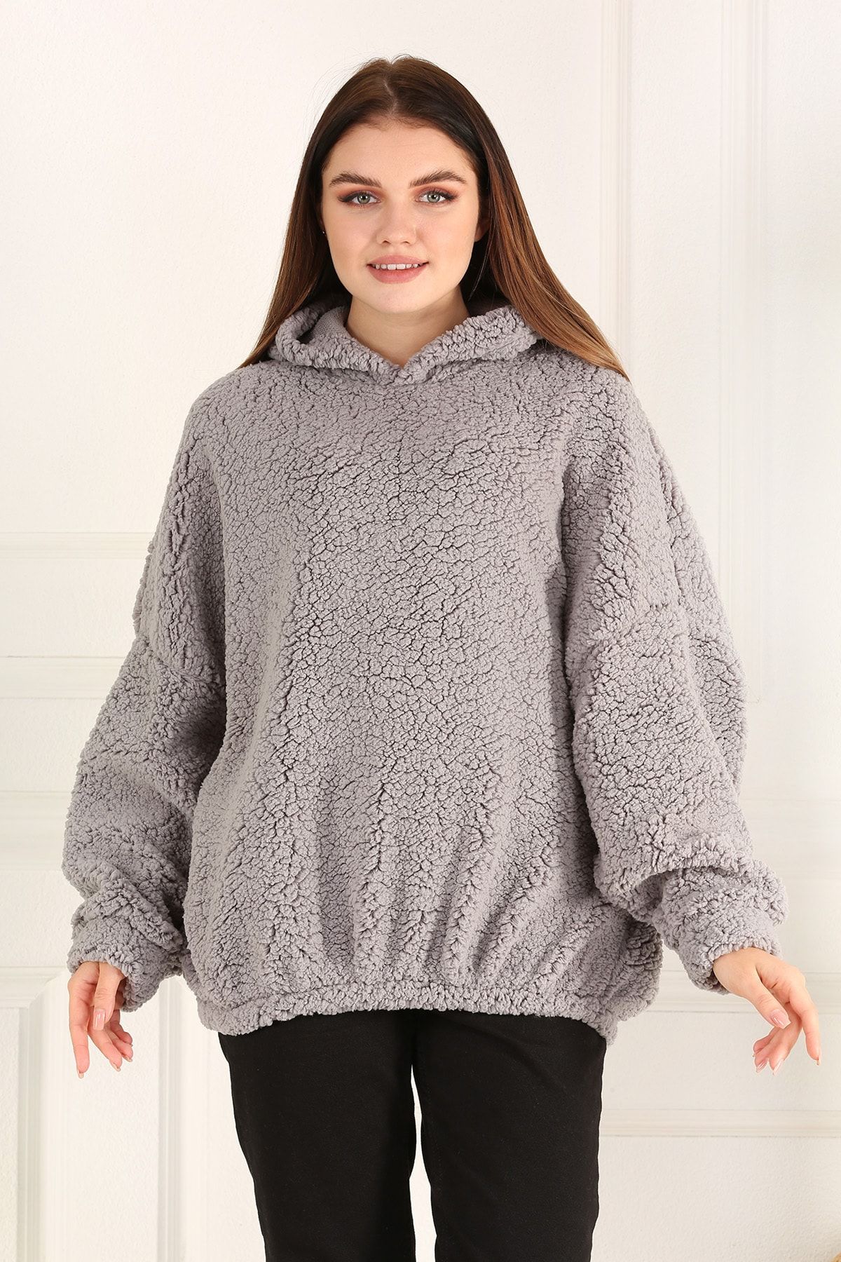 Pinkpower Kadın Kapüşonlu Suni Koyun Yünü Sweatshirt