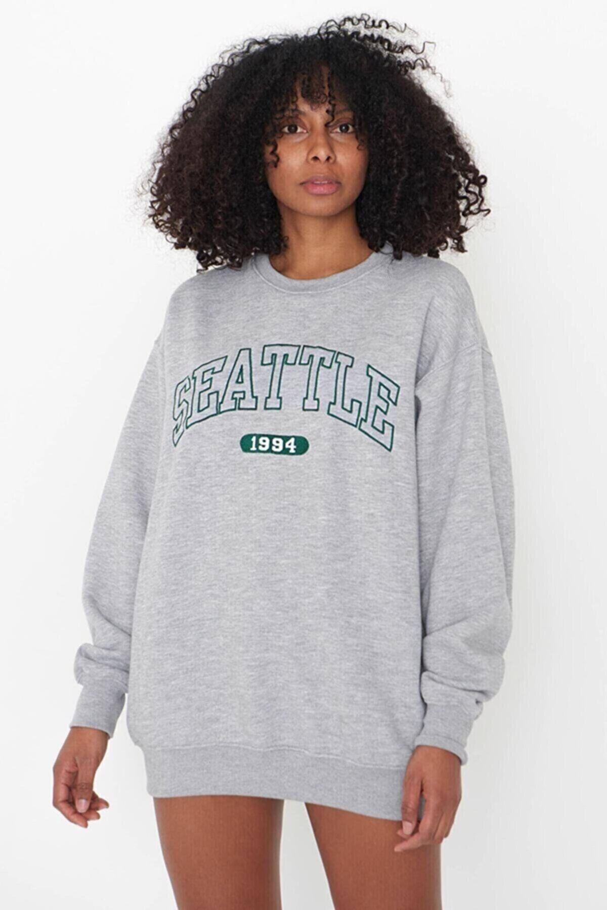 MOONBULL Kadın Gri Seattle Baskılı Oversize Sweatshirt