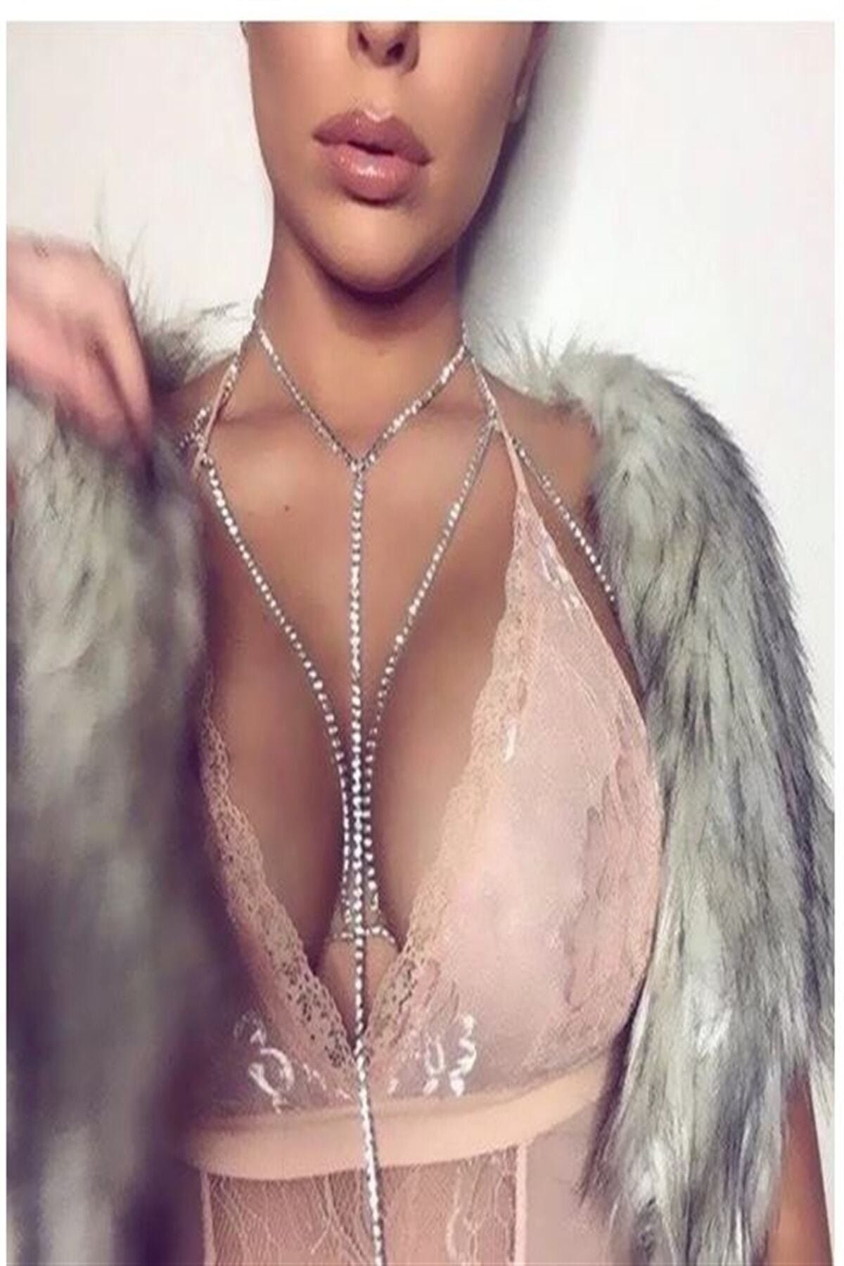 Huban Takı Aksesuar Tekstil Şerit Taşlı Seksi Stylish Trend Göğüs, Vücut Zinciri, Vücut Aksesuarı - Silver